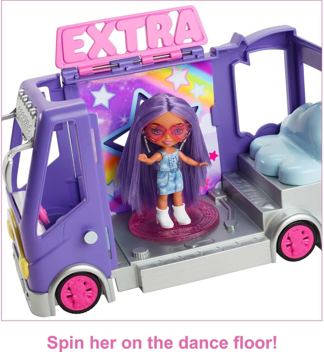 Barbie Extra Mini Minis-pop, Extra Mini Minis-pop met extra glitter-touringcar, inclusief make-upstation en showaccessoires, kindercadeau, speelgoed voor kinderen vanaf 3 jaar, HKF84
