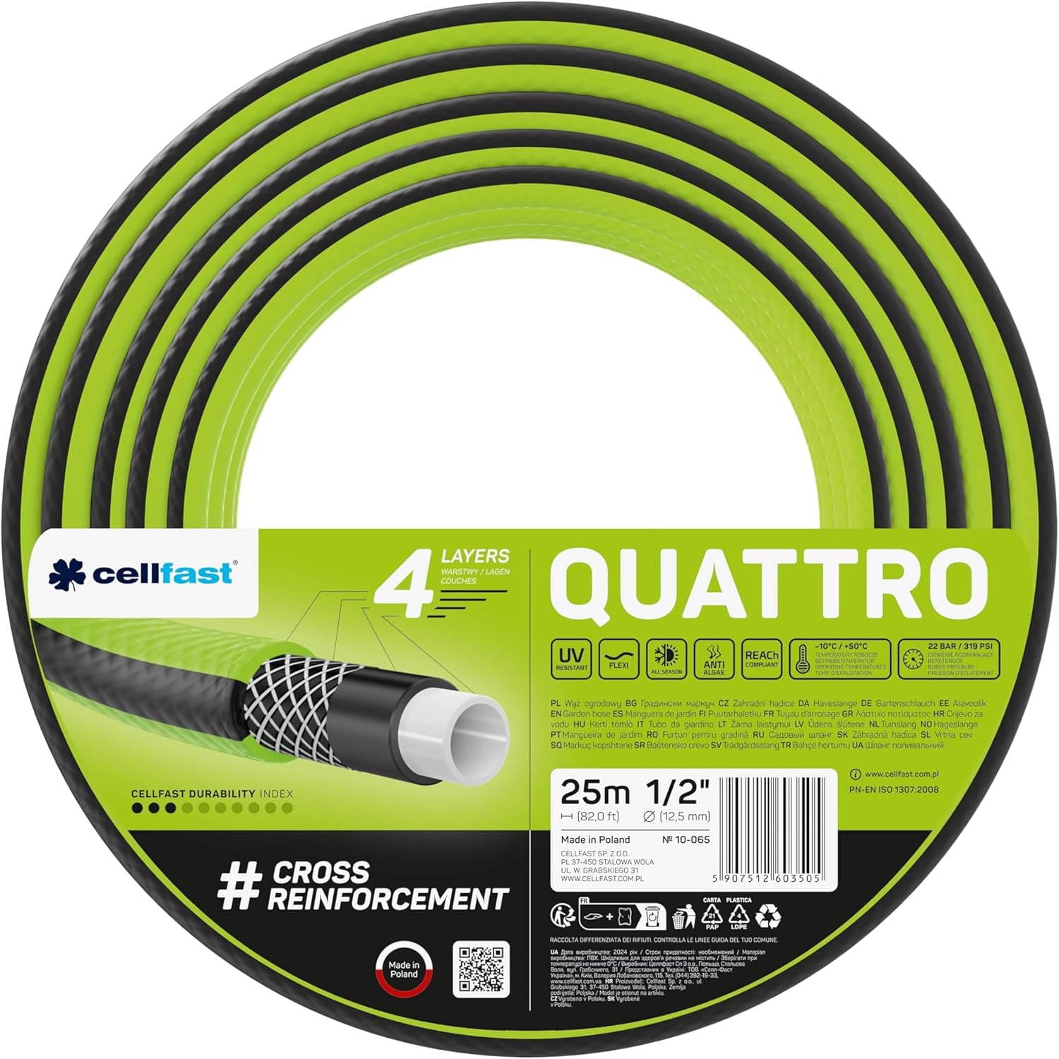 Cellfast QUATTRO Tuinslang Duurzaam Lichtgewicht 4 Ply UV-bestendig Draadslang Kruis Gevlochten 20 Bar 3/4" 15m 10-074