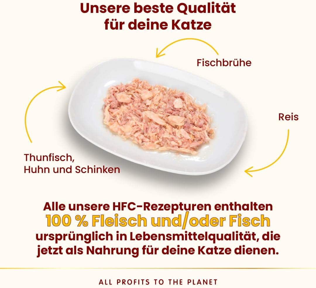 Almo Nature HFC Natuurlijke lichte maaltijd - Nassfutter für Katzen - Thunfisch, Huhn & Schinken - Menselijke kwaliteit, glutenvrij - 50 g, 4er-pakket