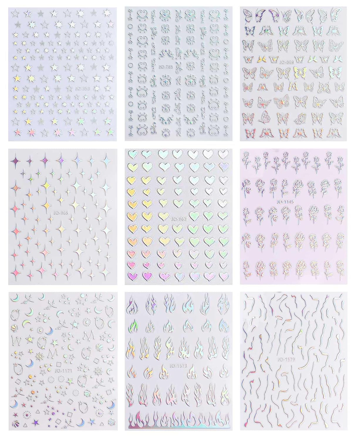 JMEOWIO Nagelsticker Aurora Holografisch 9 Blatt Nagelaufkleber Selbstklebend Herz-Flamme Spielt Schmetterlings-Mond Die Hauptrolle Nail Art Sticker Decoratie Nageldesign Zubehör