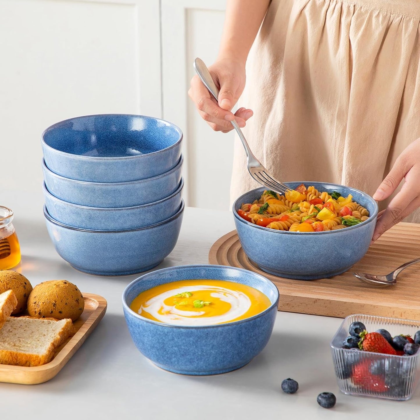 Steingut Geschirrset 6 Personen, vancasso ANYA Blau Teller Set Modern 24 teilig, Tafelservice mit Speiseteller, Suppenteller, Desserttellern, Schüsseln, Geschirr Set Spülmaschinen en Mikrowellenfest
