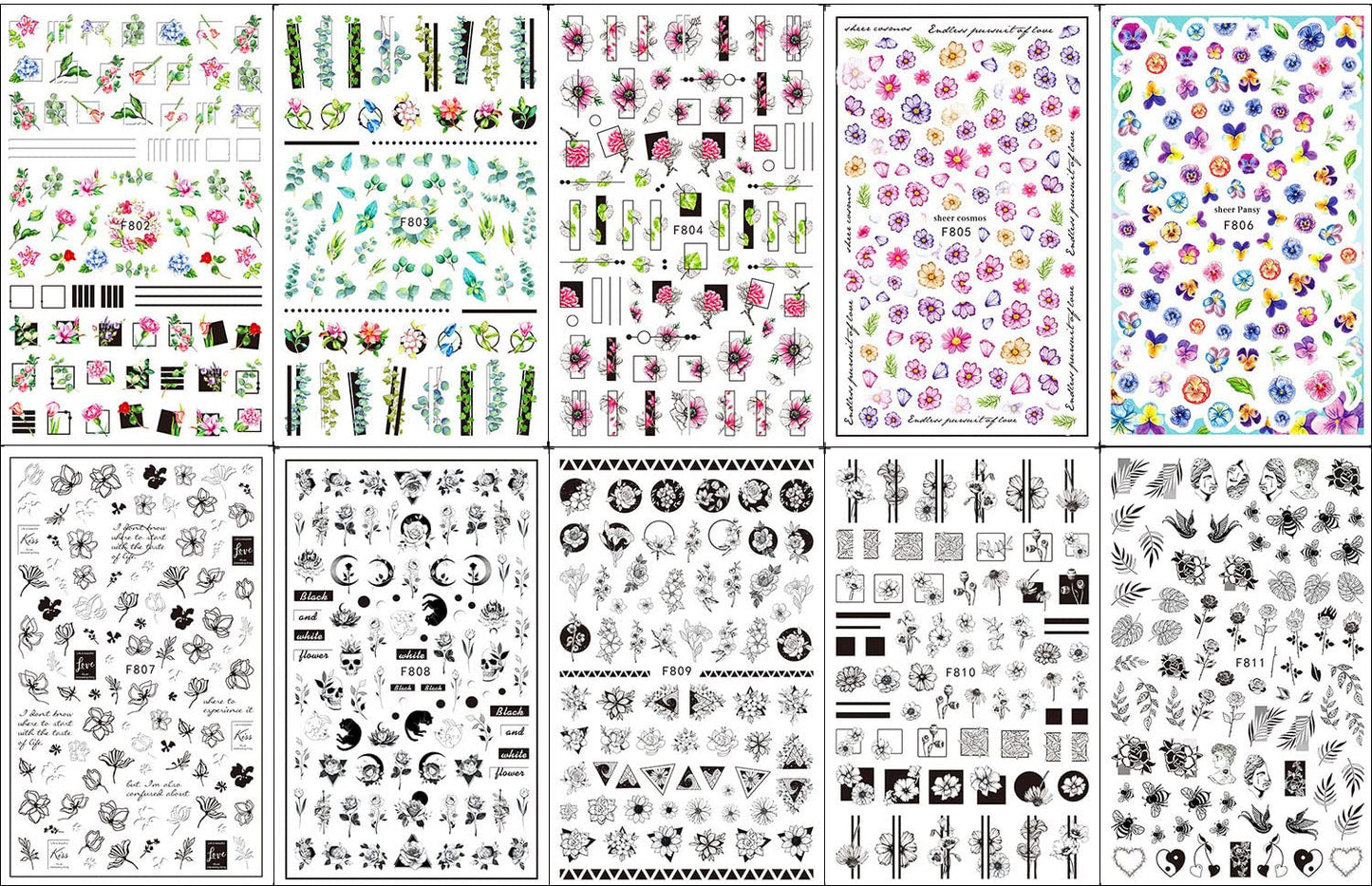 JMEOWIO Nagelsticker Frühling Blumen 10 Blätter Nagelaufkleber Selbstklebend Nail Art Decoratie Nageldesign Zubehör Für Frauen Mädchen