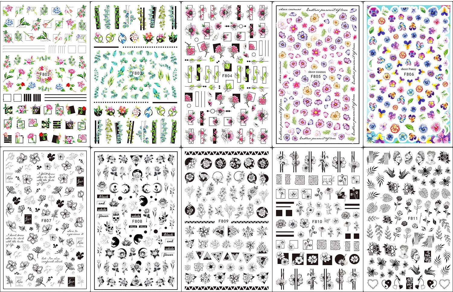 JMEOWIO Nagelsticker Frühling Blumen 10 Blätter Nagelaufkleber Selbstklebend Nail Art Decoratie Nageldesign Zubehör Für Frauen Mädchen
