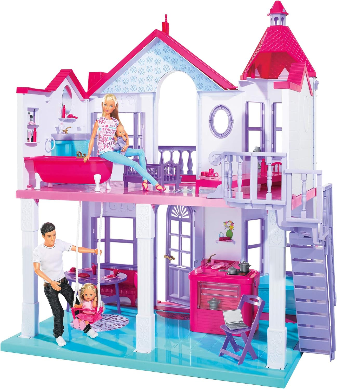 Simba 104661996 - Steffi Love Droomhuis, groot speelhuis, 4 kamers, GEEN poppen, 84 cm hoog, twee niveaus, werkende bel, inklapbaar Naty Shop poppenhuizen Standaardtitel