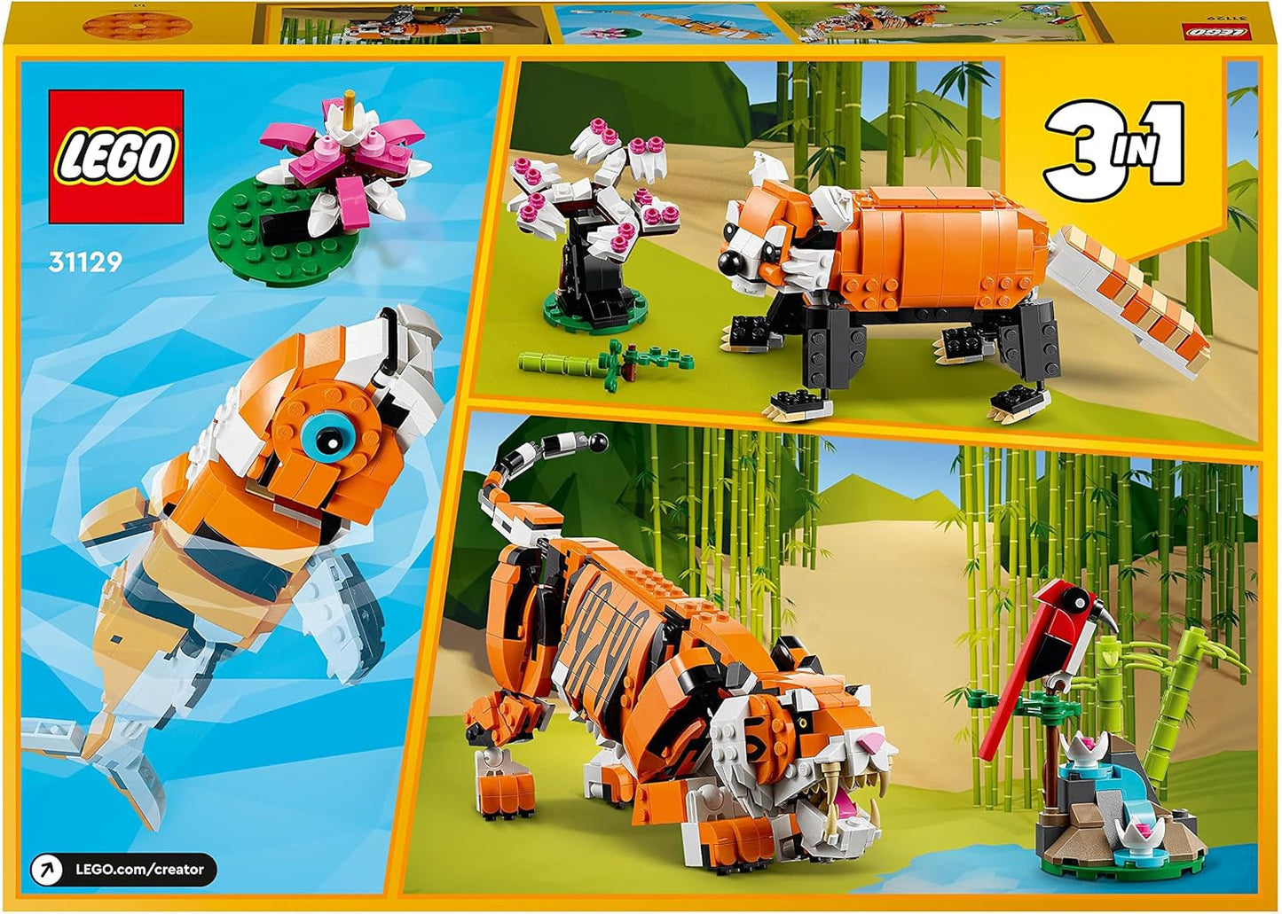 LEGO 31129 Creator Majestueuze Tijger, Panda of Vis 3-in-1 Dierenfigurenset Speelgoed voor kinderen, jongens en meisjes Dieren bouwen speelgoedbouwsets Bekijk de LEGO-Store