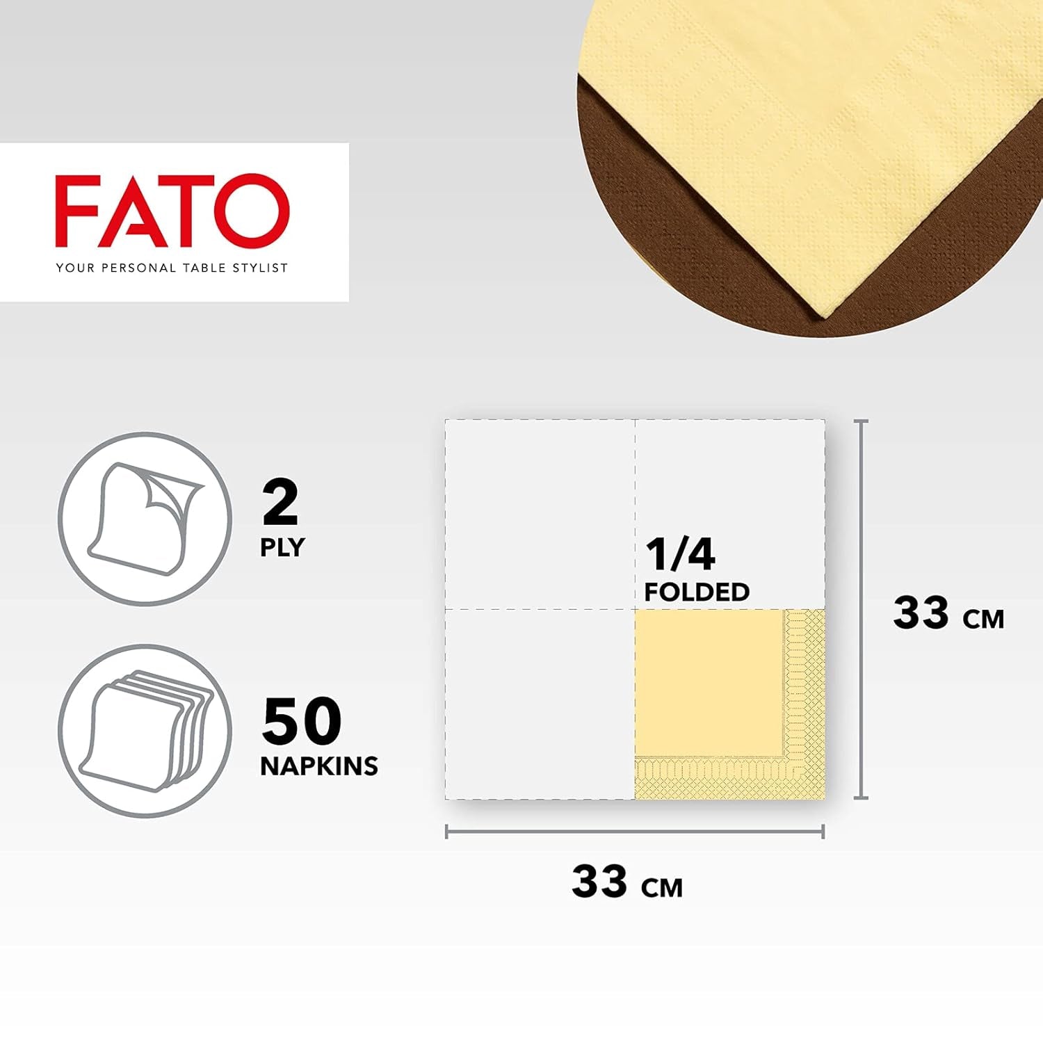 Fato - Papieren wegwerpservetten, ideaal voor informele lunches en buffetten, verpakking van 50 servetten, maat 33X33, 4 vouwen, 2-laags, champagnekleur, 100% puur cellulosepapier, FSC