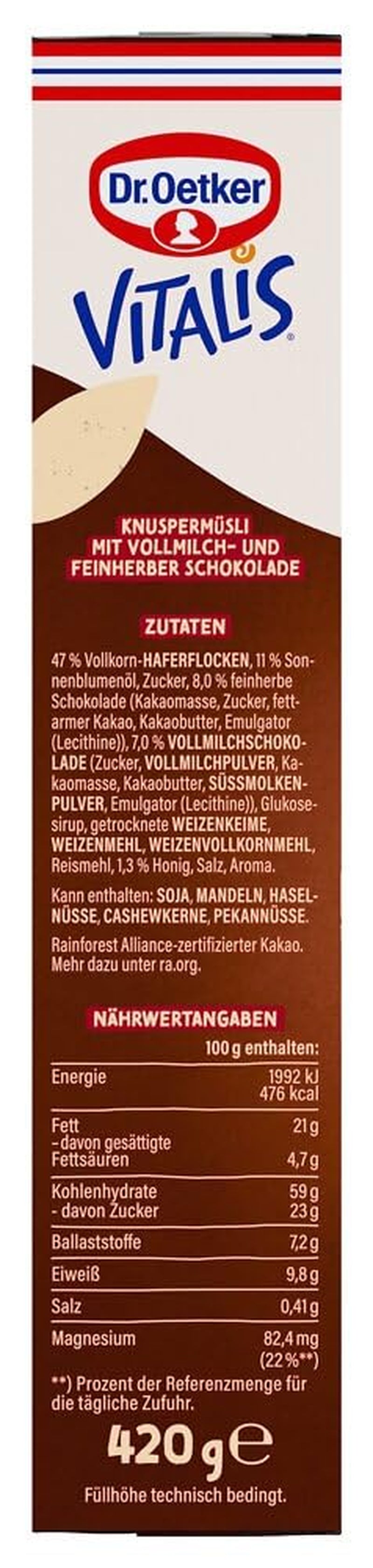 Dr. Oetker Vitalis KnusperPlus Dubbele Chocolade: Krokante muesli met melk- en pure chocolade, pakje van 7 (7 x 450g)