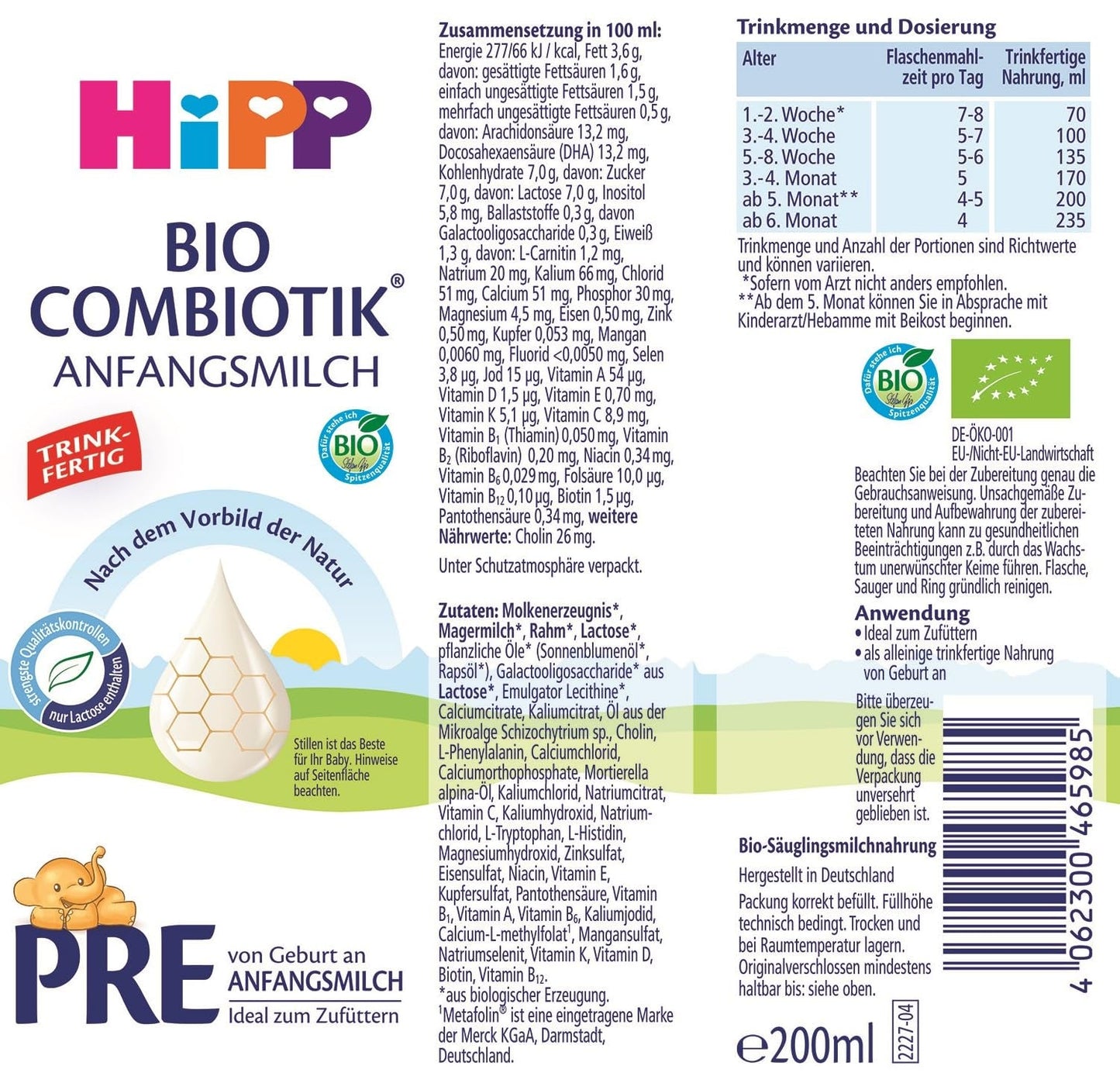 HiPP PRE Biologische combinatieformule Klaar om te drinken (6 x 200 ml) Zuigelingenmelk vanaf de geboorte Bevat alleen lactose als koolhydraten Beste biologische