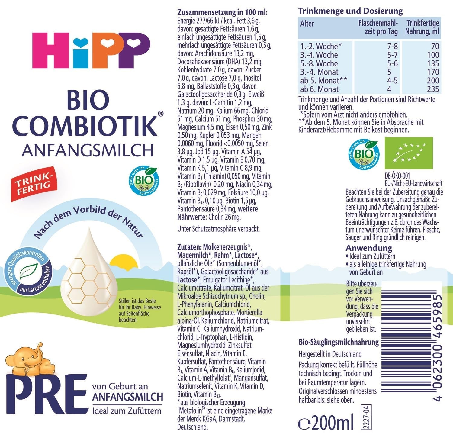 HiPP PRE Biologische combinatieformule Klaar om te drinken (6 x 200 ml) Zuigelingenmelk vanaf de geboorte Bevat alleen lactose als koolhydraten Beste biologische