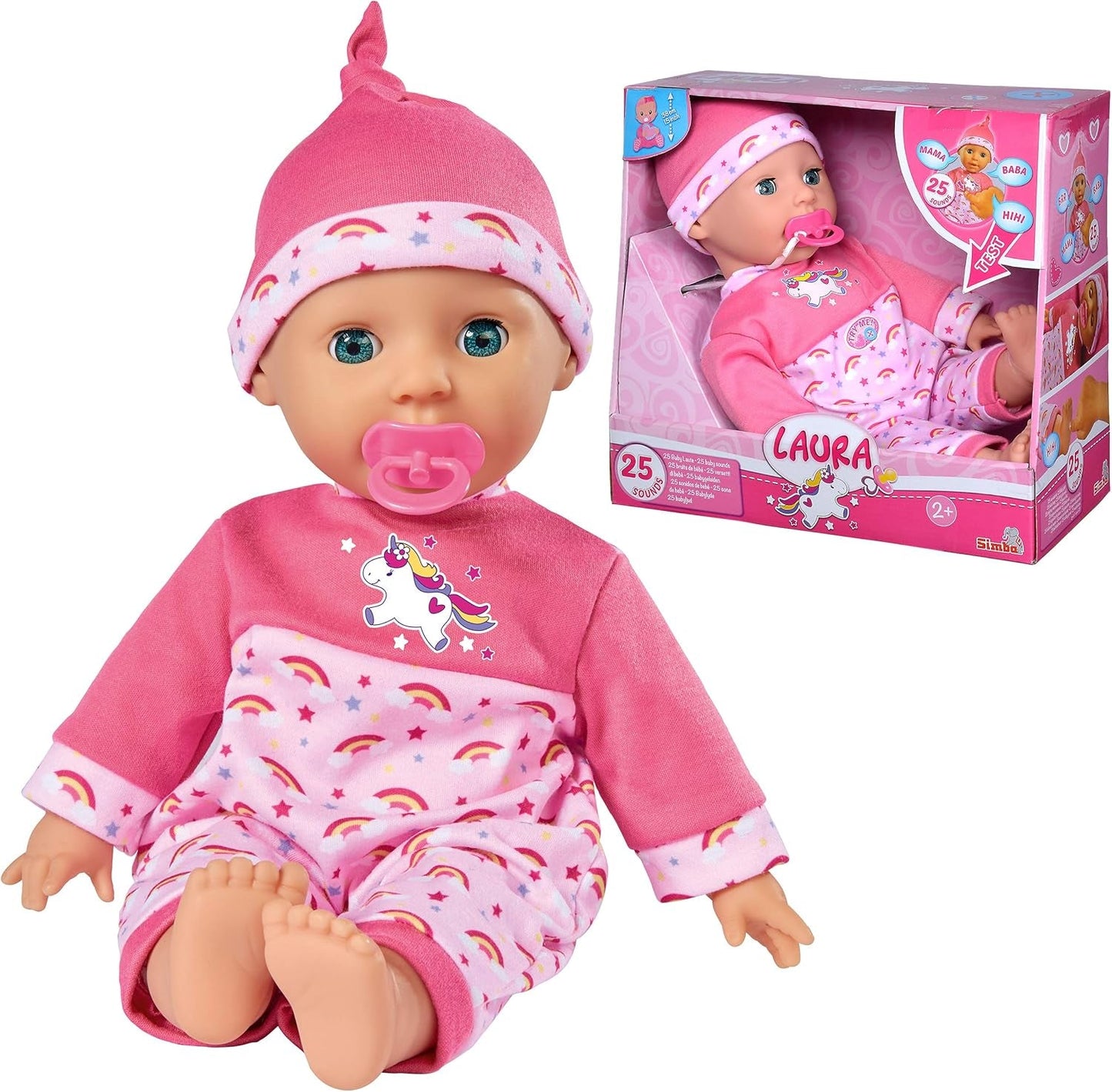 Simba 105140060 - Laura Tickle babypop met zacht lichaam en regenboogmatras, maakt 25 babygeluiden, 38 cm, pop voor 2 jaar en ouder