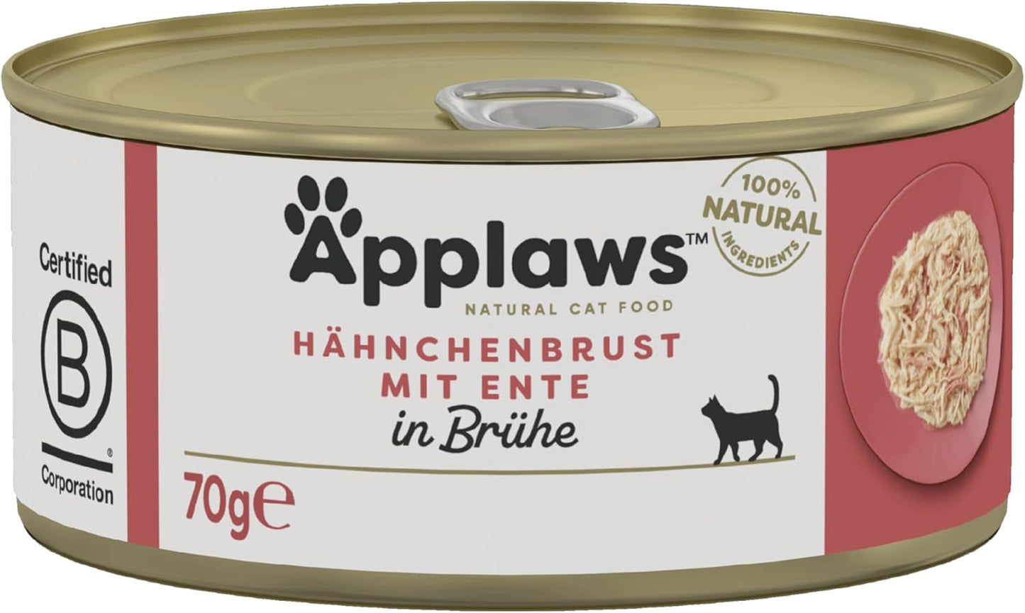 Applaws Premium natuurlijk natvoer voor katten, kip met eend in soep, blik 70 g (24x70 g)