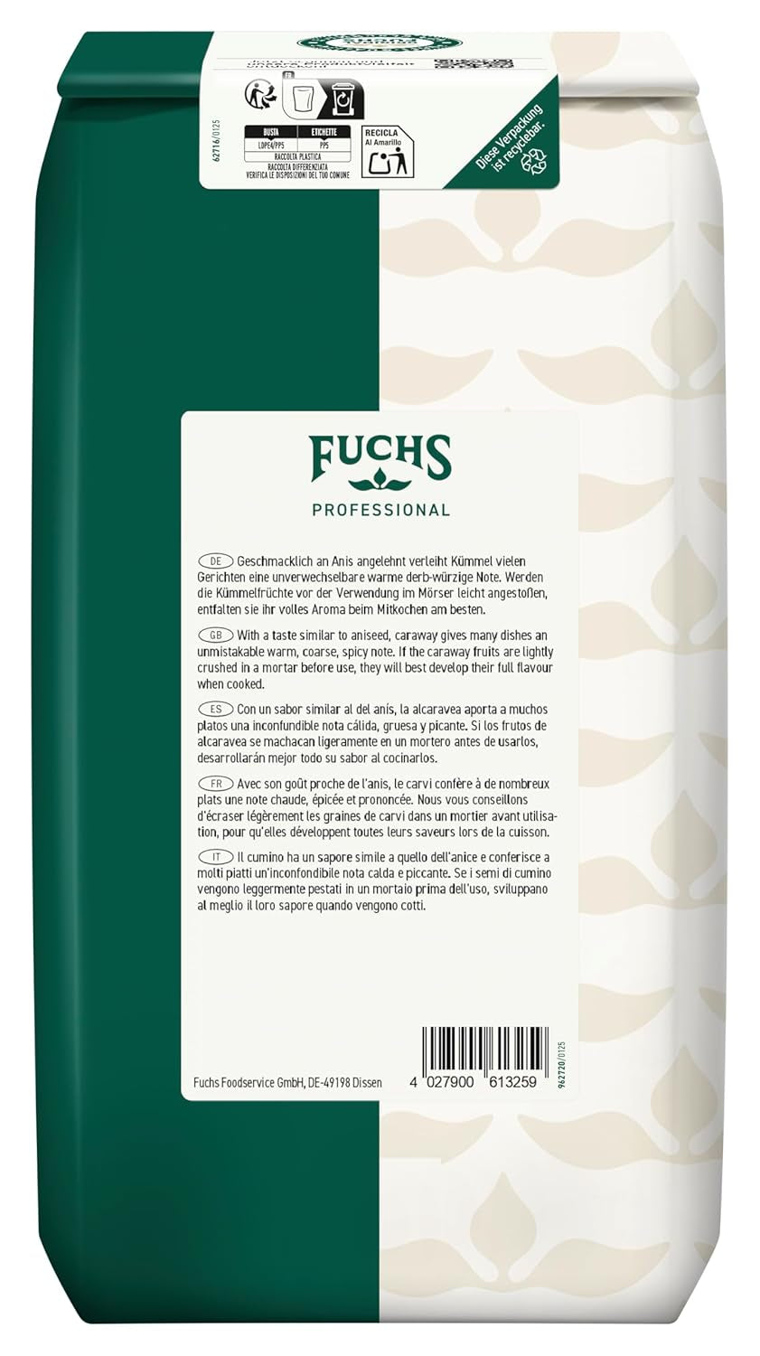 Fuchs Professional - Kümmel ganz | Ungemahlen, zum Würzen von Bratkartoffeln of Krautgerichten | Profi-Kwaliteit voor Großverbraucher en Gastronomie | 1 kg im recycleerbare zak