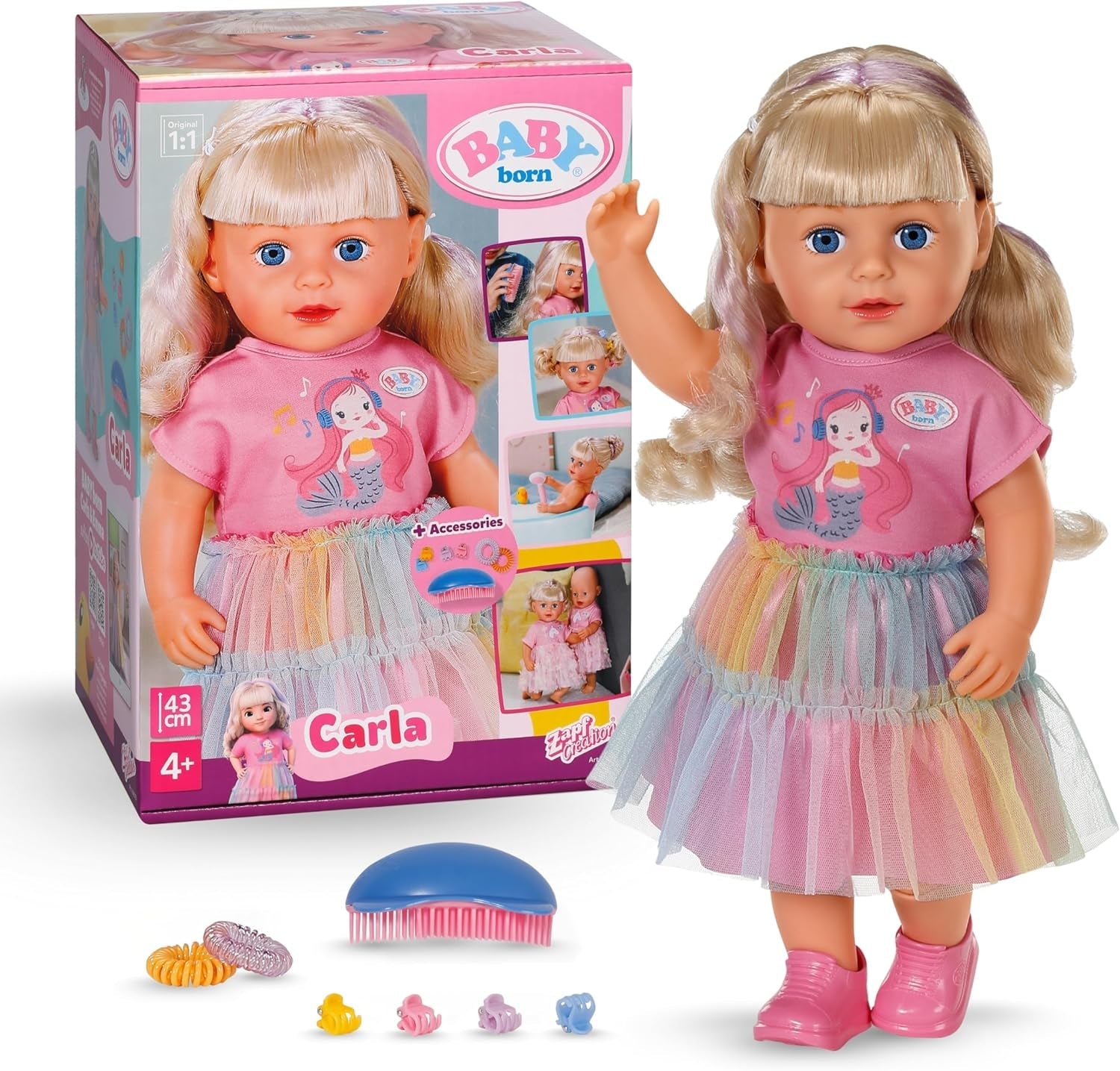 BABY born Carla - pop 43 cm - hoge kwaliteit blond haar met lokken - geen batterijen nodig - geschikt voor kinderen vanaf 4 jaar - inclusief 7 accessoires, roze