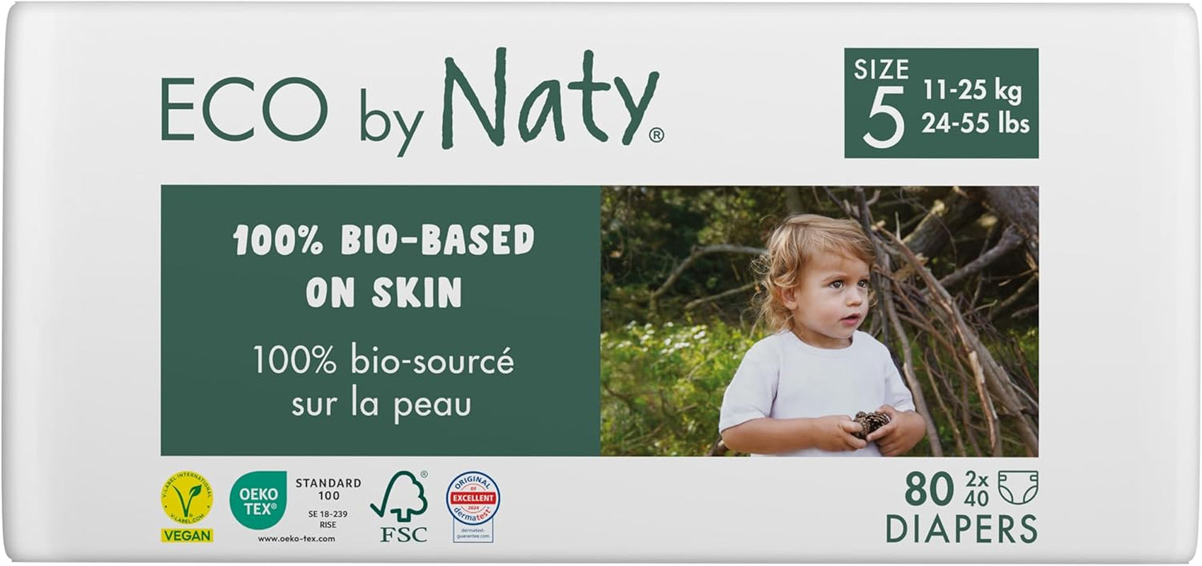 Eco Diapers Eco by Naty Baby Eco Diapers - premium biologische luiers, milieuvriendelijk, gemaakt van plantaardige materialen, ideaal voor de gevoelige babyhuid (maat 5 - 80 stuks)