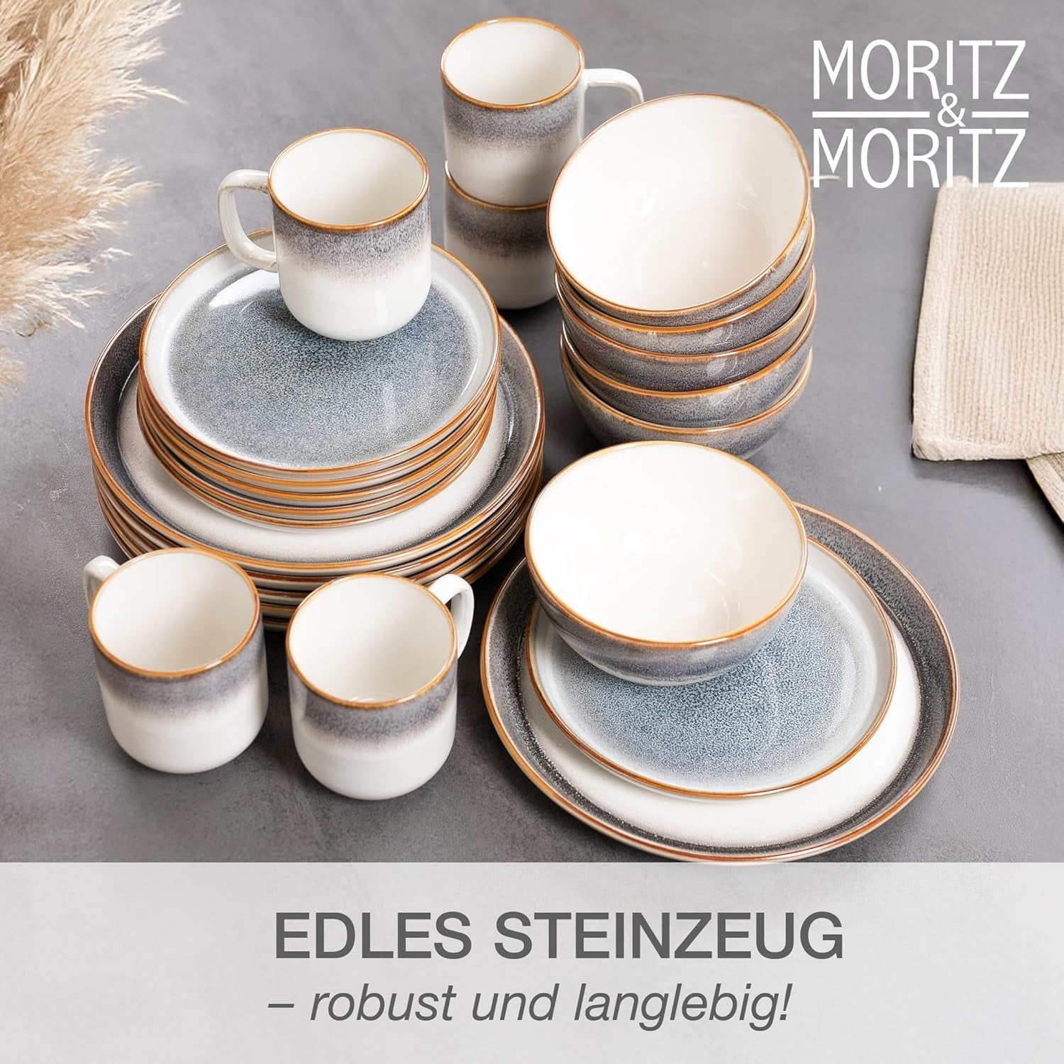 Moritz & Moritz TARENTO 24-delige serviesset voor 6 personen, grijs - Elegante hoogwaardige aardewerken bordenset - De serviesset bestaat uit 6 dinerborden, 6 dessertborden, 6 dinerborden en 6 kopjes