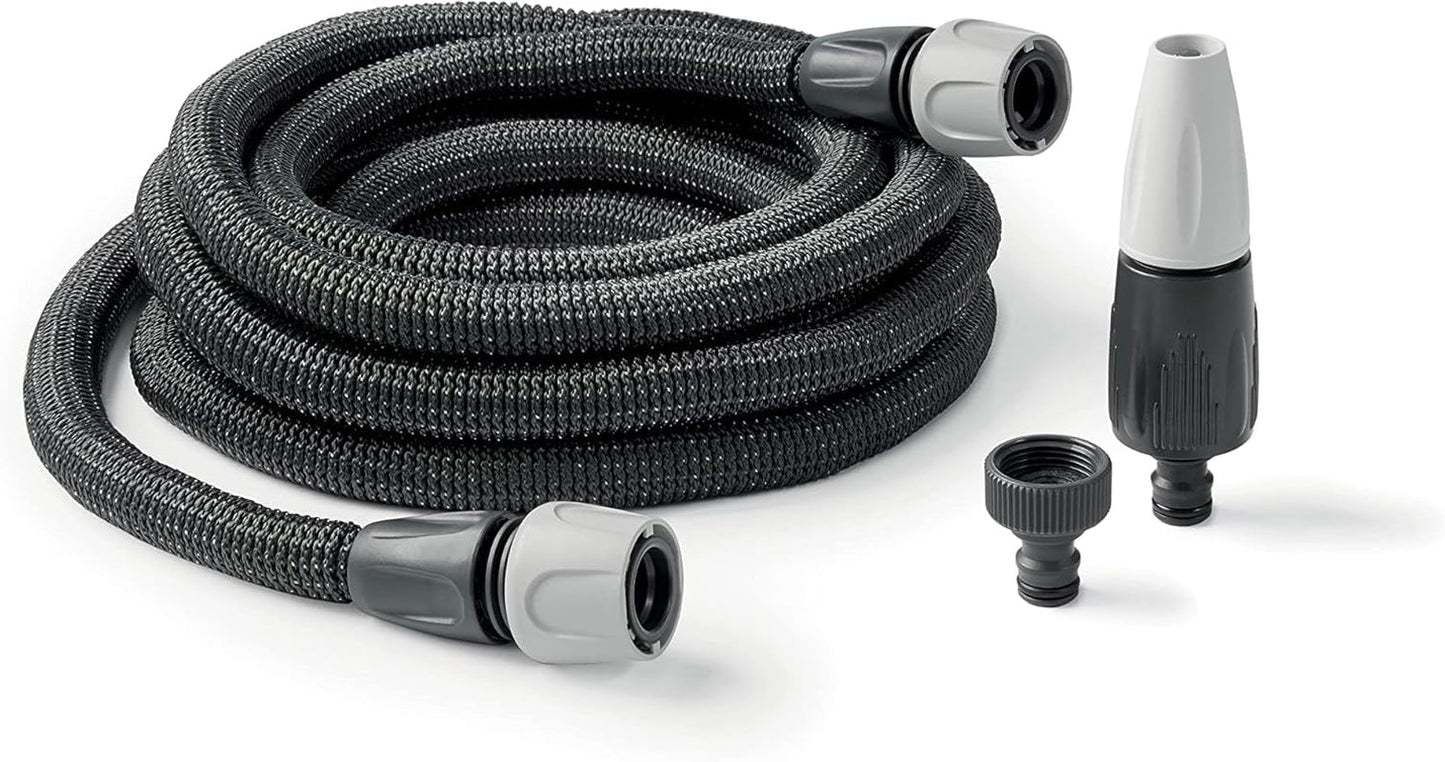 GF SRL, Aquapop Grey Easy 10, 10 meter zelfverlengende gevlochten slang, made in Italy, met mini-tuinsproeier en aansluitingen voor tuinirrigatie, donkergrijs