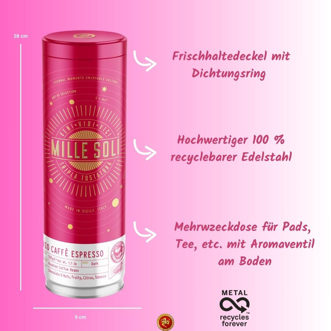 Biologische espressobonen 500 g in een verzegelde koffiedoos - topkwaliteit en herbruikbaar - premium koffiebonen gebrand op Sicilië