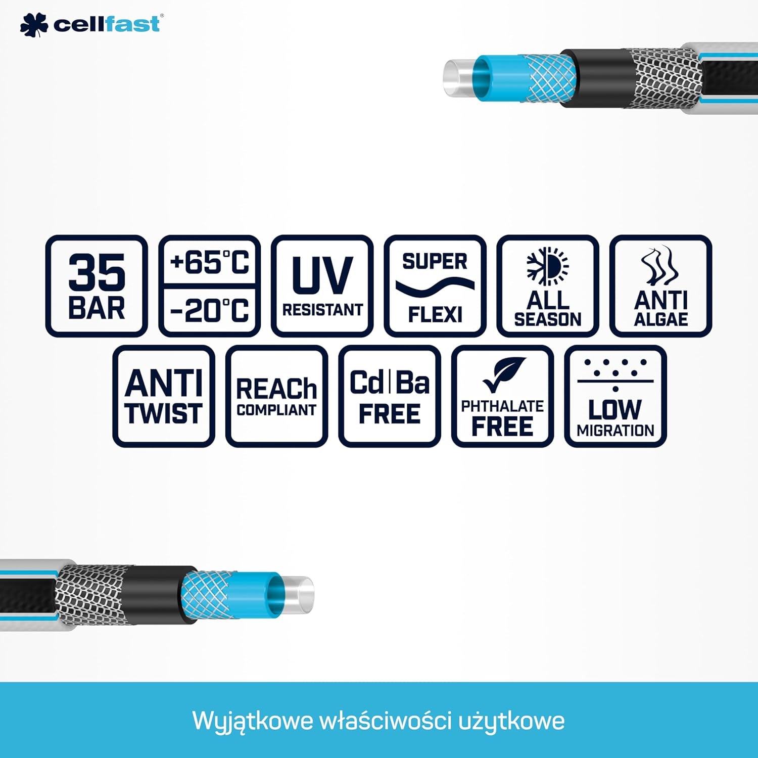 Tuinslang Cellfast MULTIFLEX PRO, duurzaam, 6-laags, ATS2 gebreide vlecht, UV- en algenbestendig, zware metalen vrij, fluwelen technologie, 35 bar, -20/+65°C, 3/4", 30m