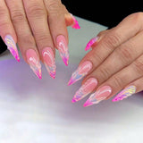 Mouyuglow Lange nagels Stiletto Melkwit Gradiënt Roze Glitter Cool Nepnagels met lijm Roze Ombre Glitter Kunstnagels