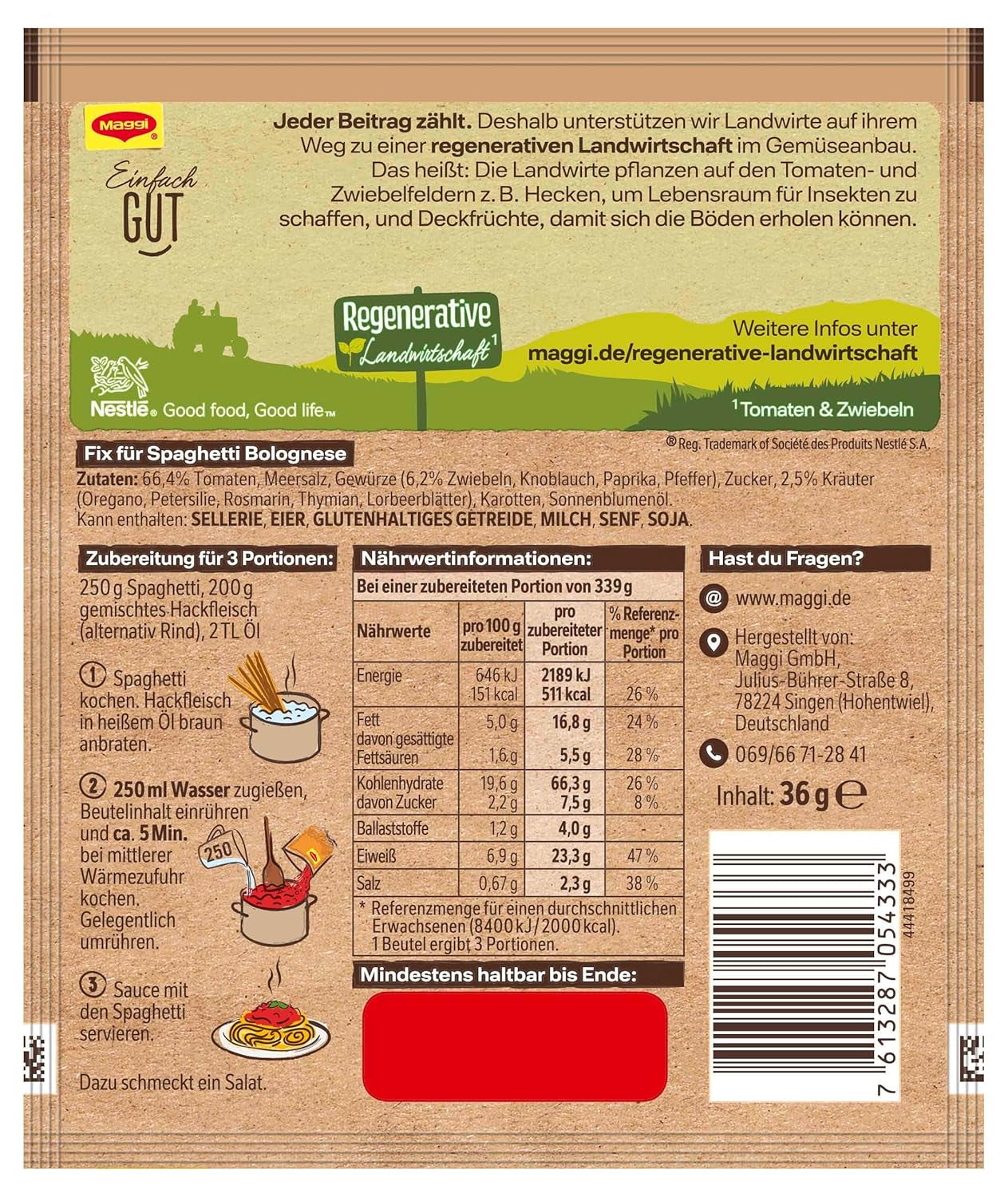 MAGGI Fix voor Spaghetti Bolognese, Würzmischung, 100% natuurlijke ingrediënten, voor 3 Portionen, 1er Pack (1 x 36g Packung)