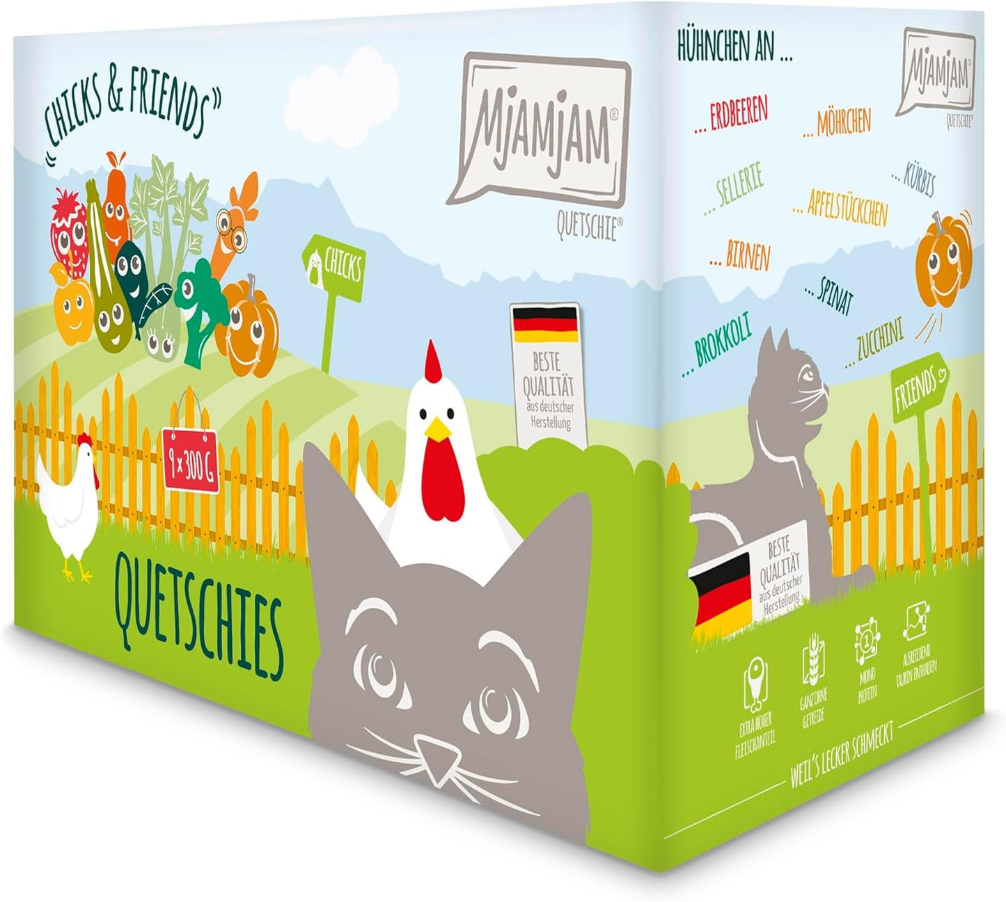 MjAMjAM - Premium Nassfutter für Katzen - Chicks & Friends Box, 9er Pack (9 x 300g), ontvangvrij met extra Fleisch