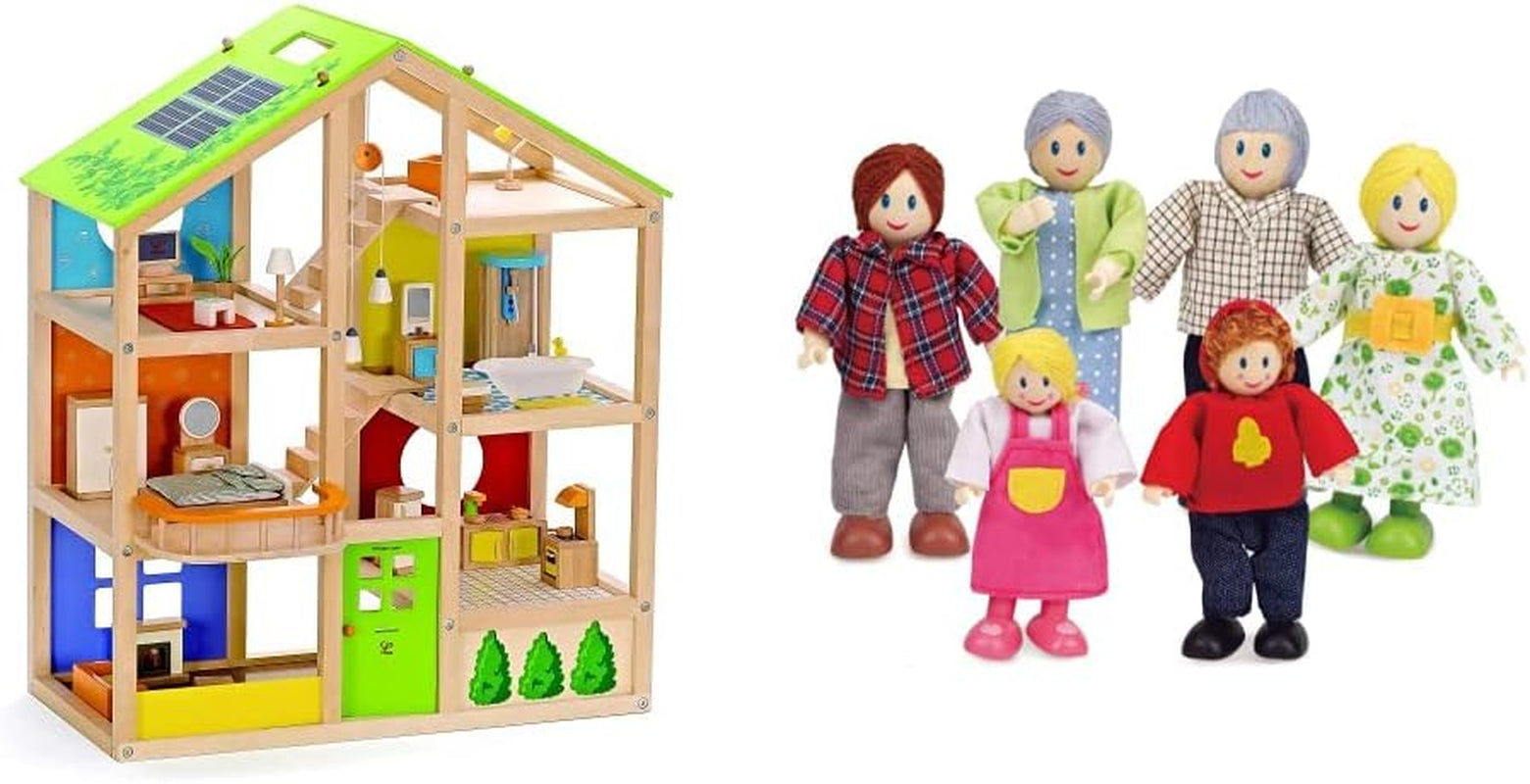 Hape E3401 Vierseizoenenhuis, gemeubileerd en E3500 - Poppenfamilie, lichte huid