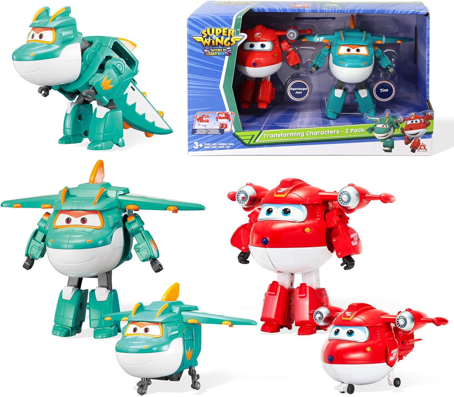 Super Wings 5" Transforming Characters 2-pack Transforming Supercharged Jett + Tino Transformer speelgoed voor jongens en meisjes vanaf 3 jaar Rode actiefiguren Naty Shop Jett Tino
