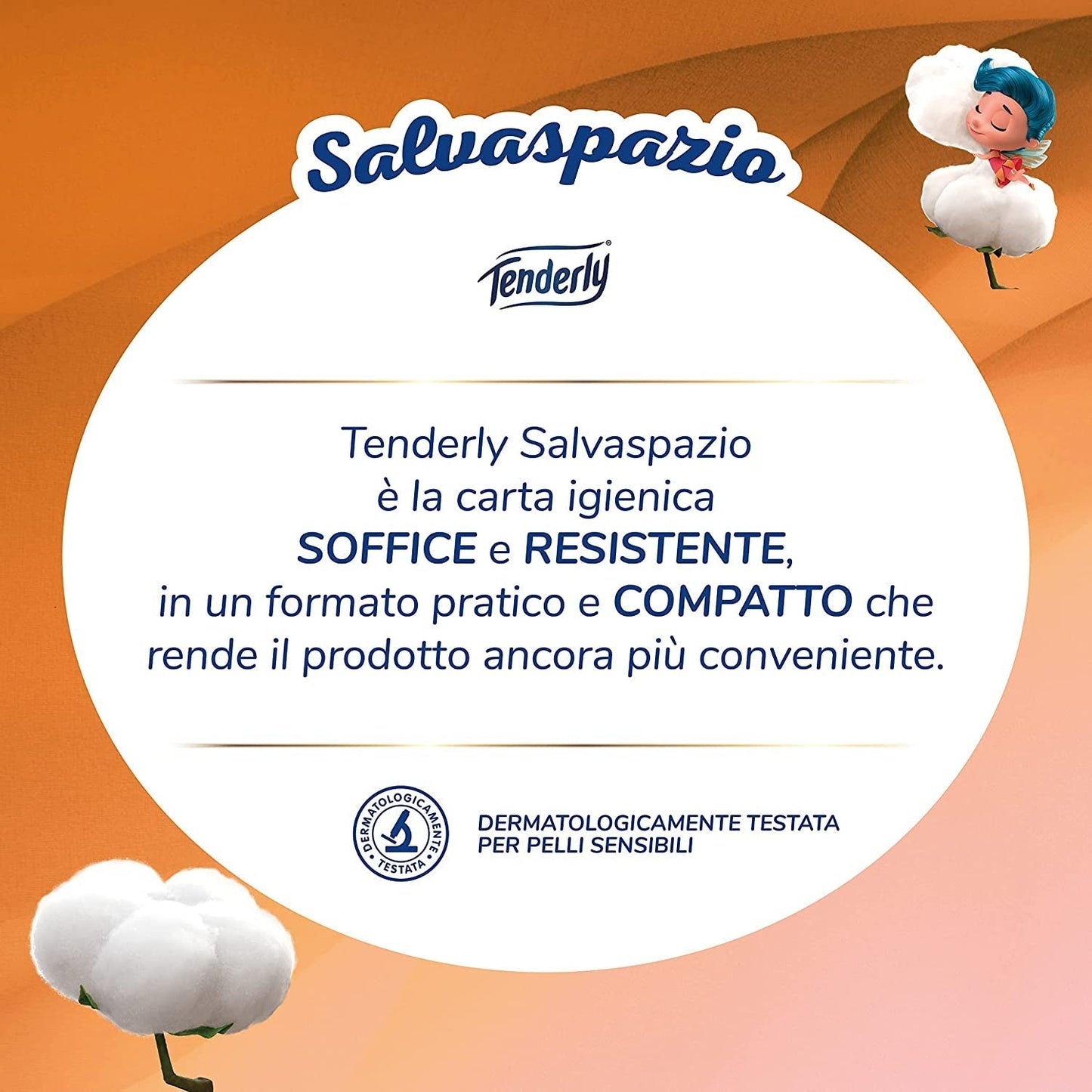 Ruimtebesparend, 96 rollen toiletpapier, 2 lagen, 220 scheurtjes per rol, Met natuurlijke extracten van kaasjeskruid en calendula, Made in Italy, Dermatologisch getest.