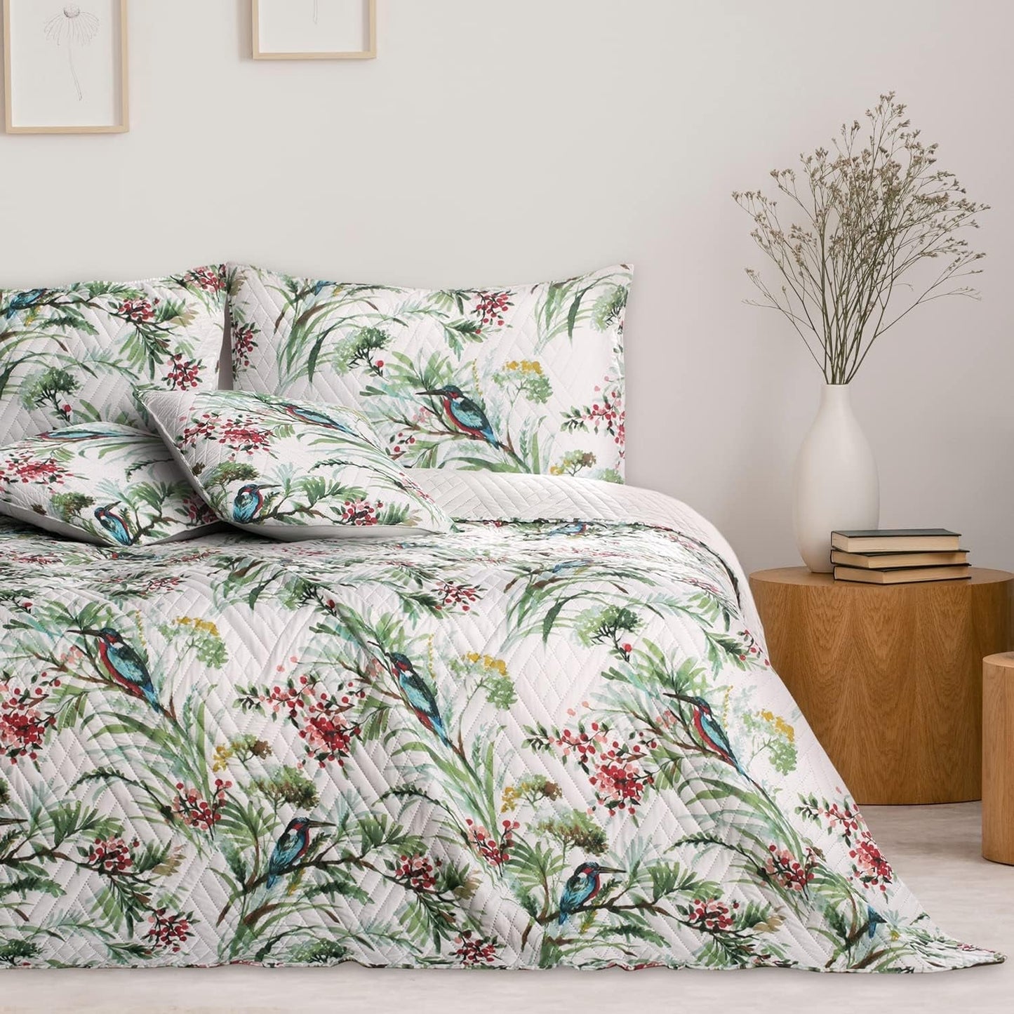 Ameliahome Sprei Sprei 260X280 Cm Dubbelzijdig Onderhoudsvriendelijk Quilten Plantpatroon Vogelpatroon Veelkleurig Kingfisher Bedden en Dekens Besuche den AmeliaHome-Store