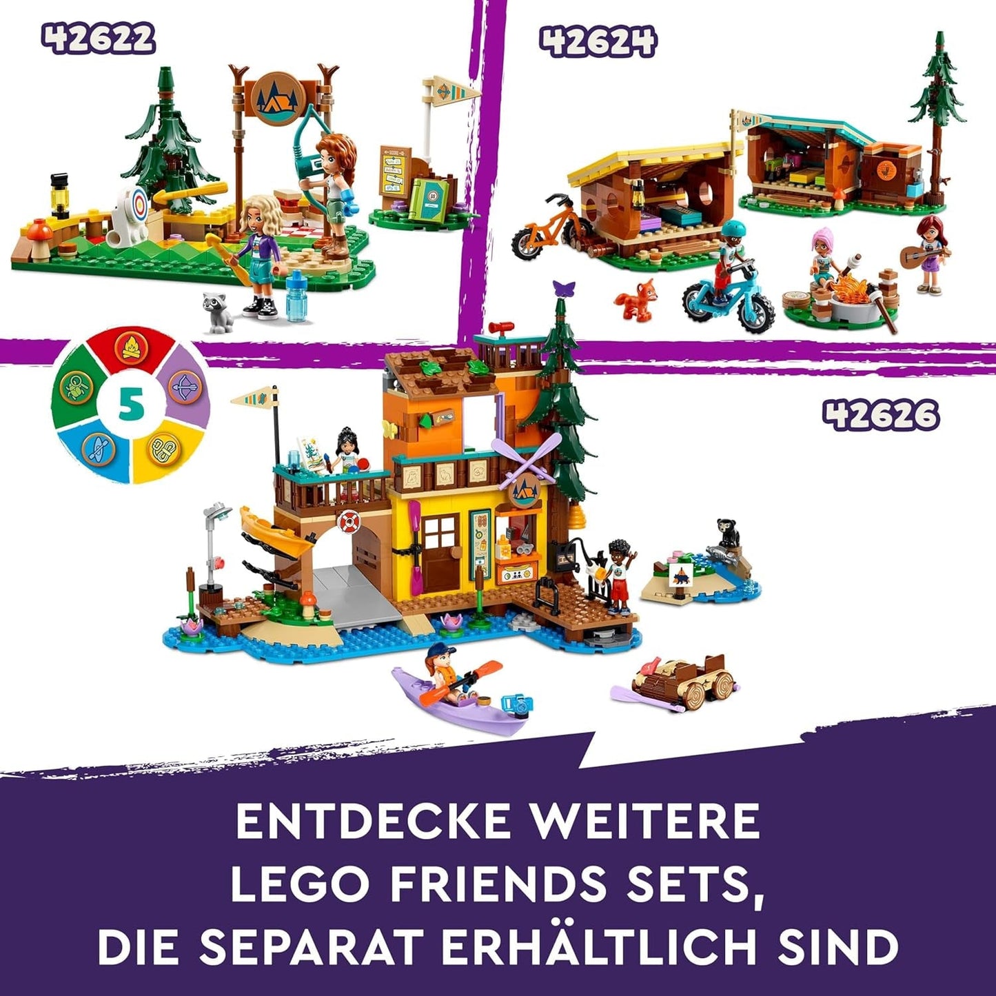 LEGO Friends Gezellige hutten op avonturenkamp, rollenspel voor buiten, kinderspeelgoed voor meisjes en jongens vanaf 7 jaar met 3 figuren en vos, kampeerspeelgoed 42624 Bouwsets Besuche den LEGO-Store