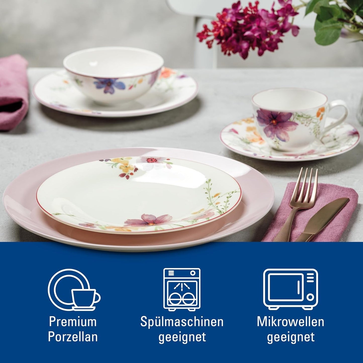Villeroy & Boch Mariefleur Starterset, Diverse Kleuren, Vaatwasmachinebestendig, Magnetronbestendig, Serviesset voor 2 personen, Bloemenserviesset, Serviesgoed, Combinatieset, Premium Porselein