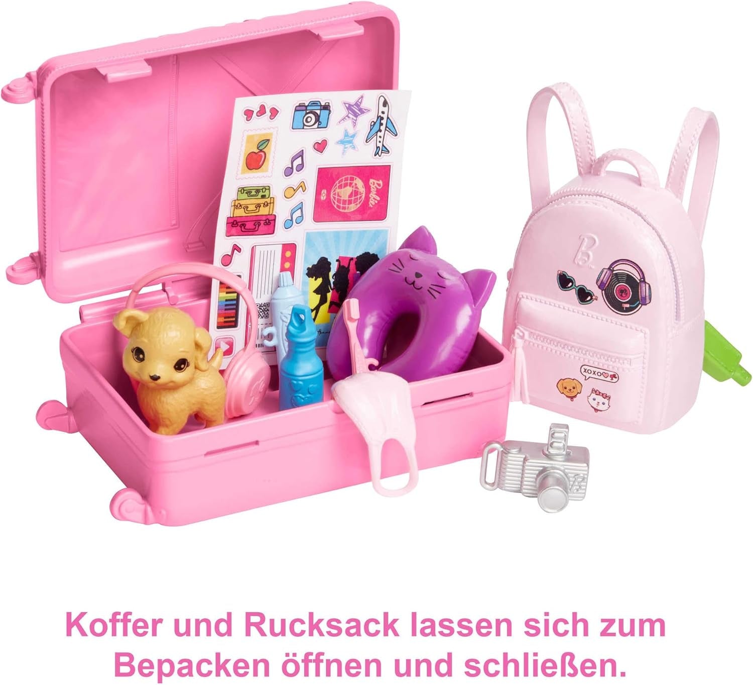 Barbie-pop, reisbarbie met blond haar, 10+ reisaccessoires, stickers, koffer, puppy, inclusief 1 pop, kindercadeau, speelgoed vanaf 3 jaar, HJY18