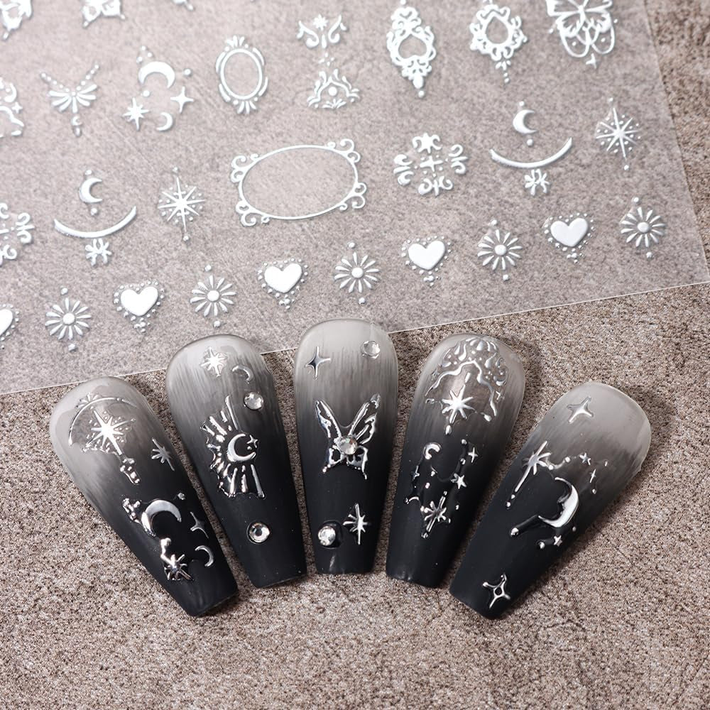 3D zilver metallic nagelstickers, nagelstickers voor vrouwen, ster, maan, zon, nagelfolie, zelfklevende stickers, vlindernagelstickers, nagelstickers, nageldesignaccessoires, 8 stuks