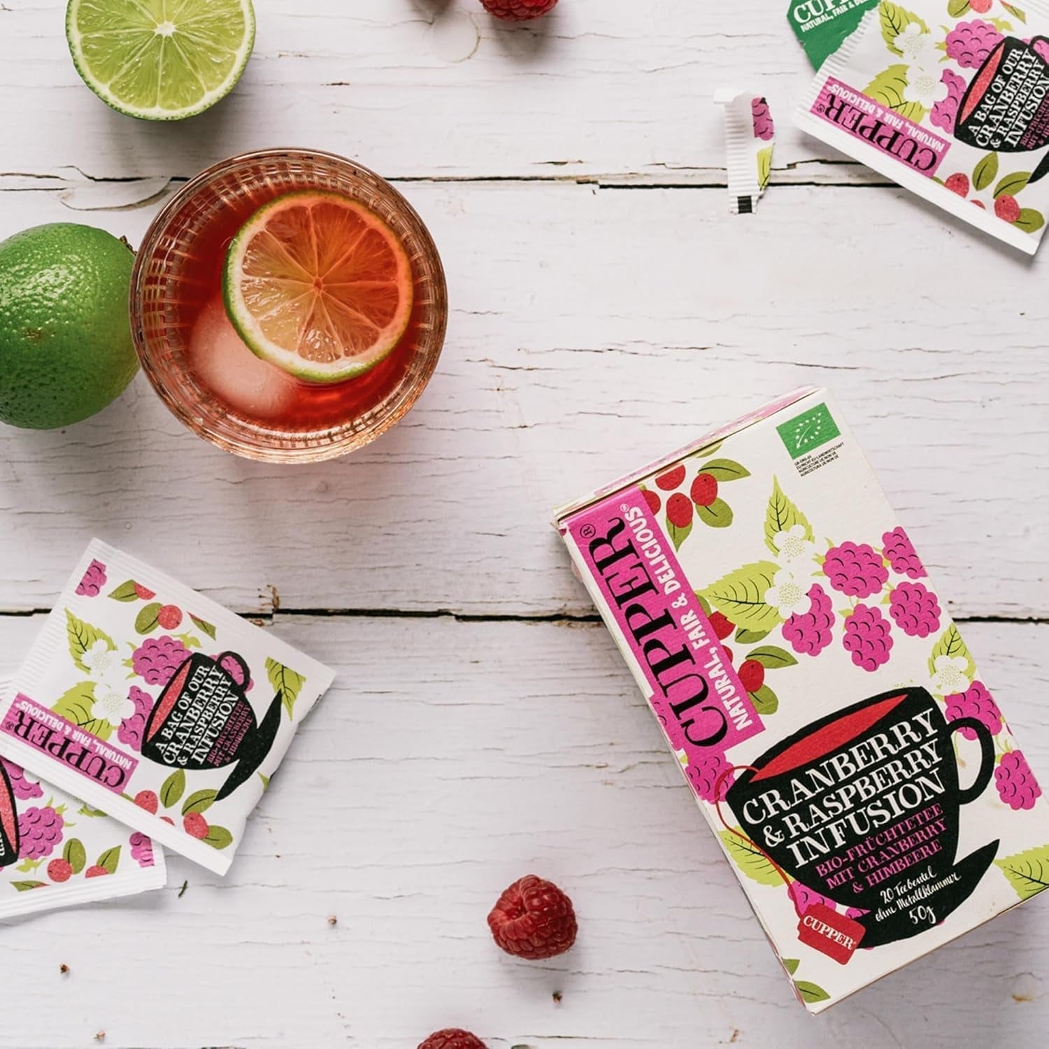 4Er Pack CUPPER biologische fruitthee "Cranberry & Raspberry Infusion", 4X20 niet-witte theezakjes, biologisch, fairtrade