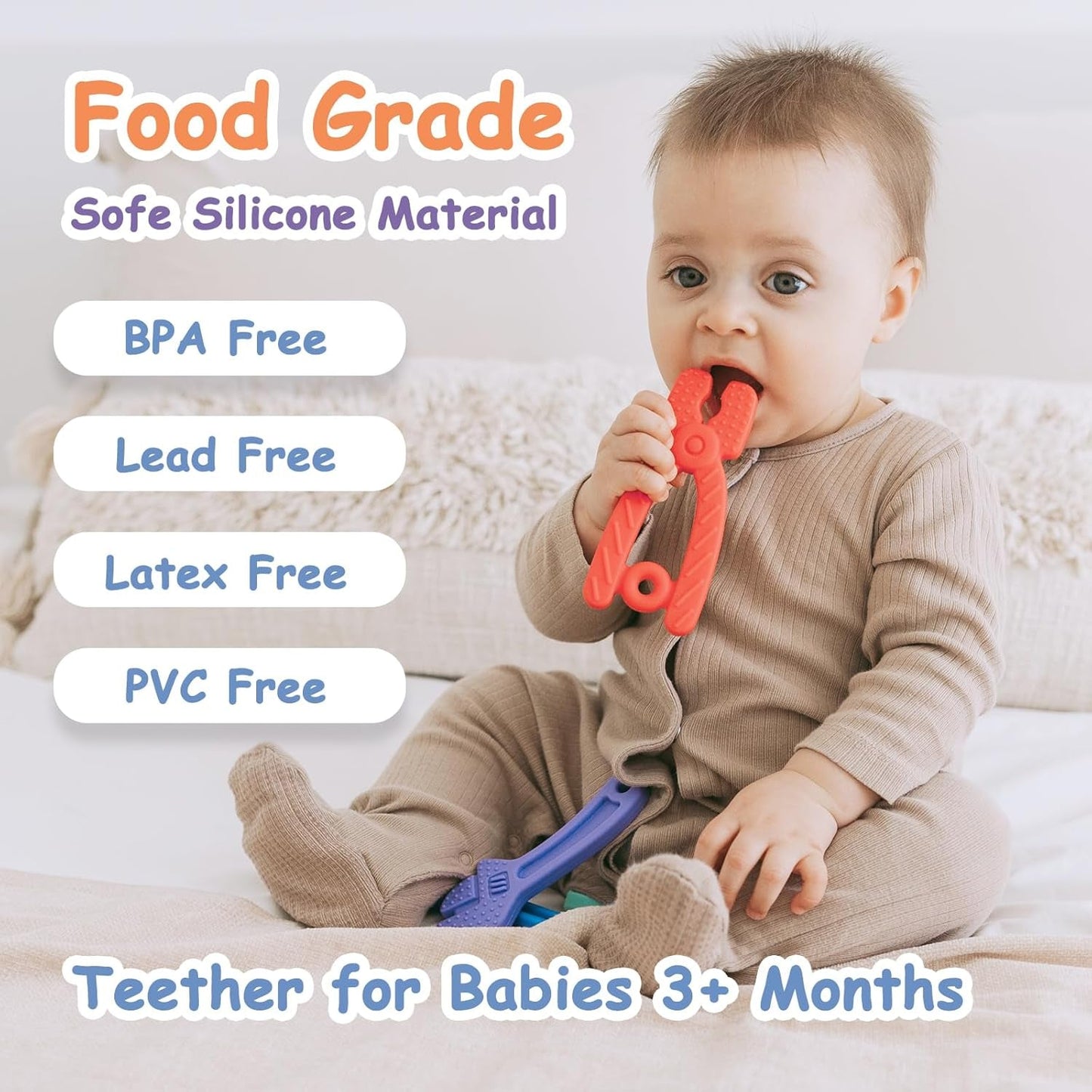 Babybijtring [Origineel] - Siliconen bijtringspeeltje, coole bijtring, tandjeshulpmiddel, BPA-vrij | Speelgoed, accessoires en cadeaus voor peuters vanaf 3 maanden | Pakket van 4