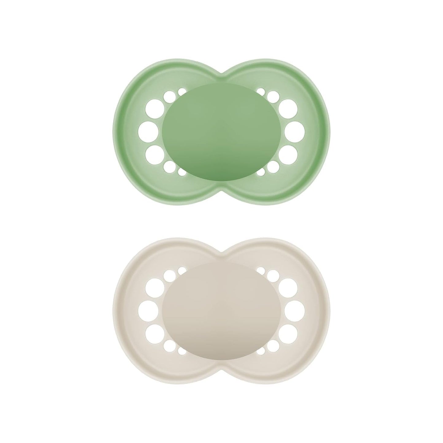 MAM Originele fopspenen, 2-pack, tandvriendelijke babyfopspenen, gemaakt van duurzame en biologisch regenereerbare materialen, MAM SkinSoft siliconen spenen, met fopspeendoos, 6-16 maanden, groen/beige