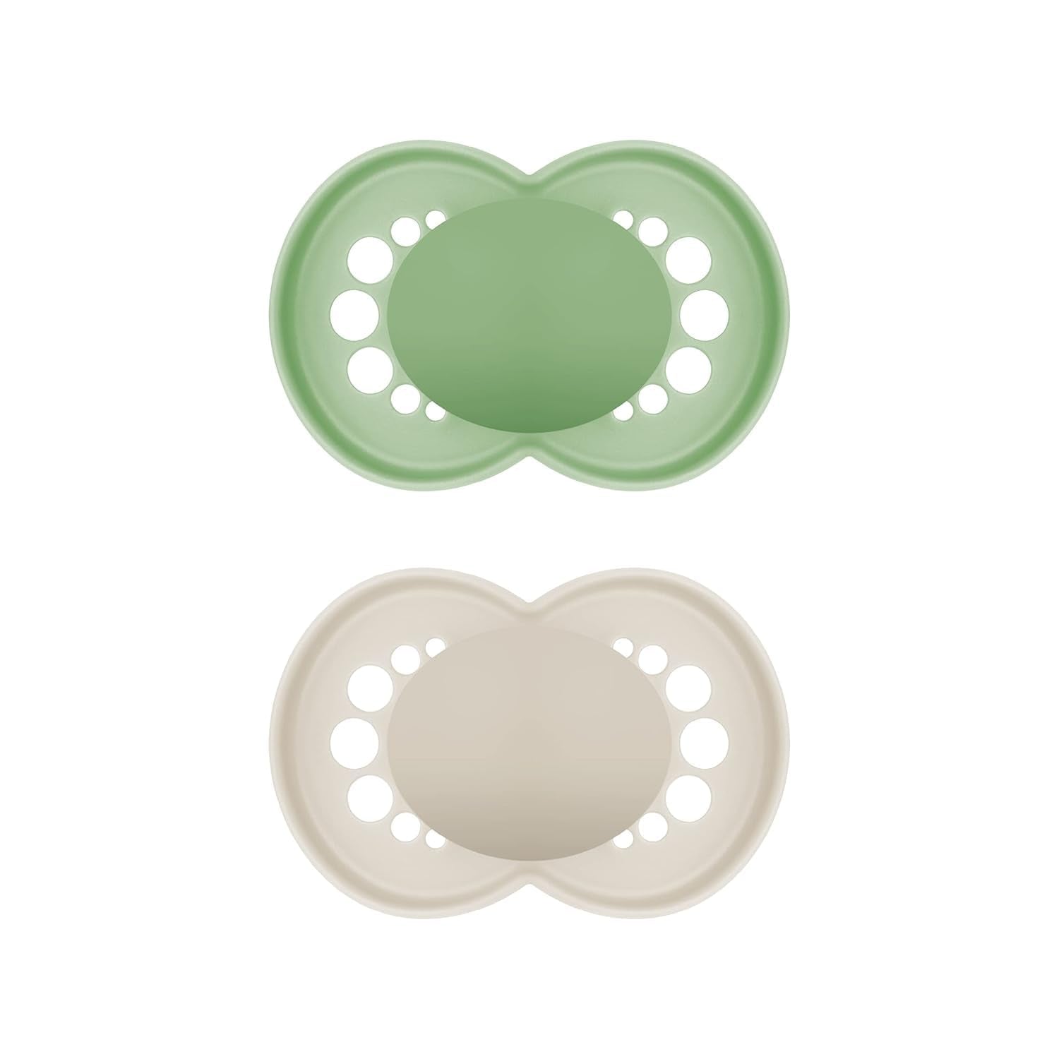 MAM Originele fopspenen, 2-pack, tandvriendelijke babyfopspenen, gemaakt van duurzame en biologisch regenereerbare materialen, MAM SkinSoft siliconen spenen, met fopspeendoos, 6-16 maanden, groen/beige