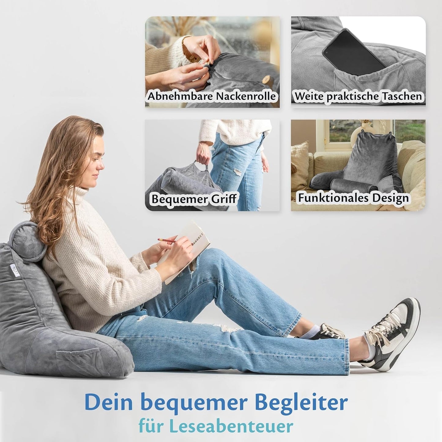 Ella Leeskussen voor bed en bank met afneembare nekrol - Rugkussen voor bed - Memory Foam Leeskussen met armleuningen, Ideaal om te lezen, TV te kijken, te ontspannen of als rugsteun - Grijs