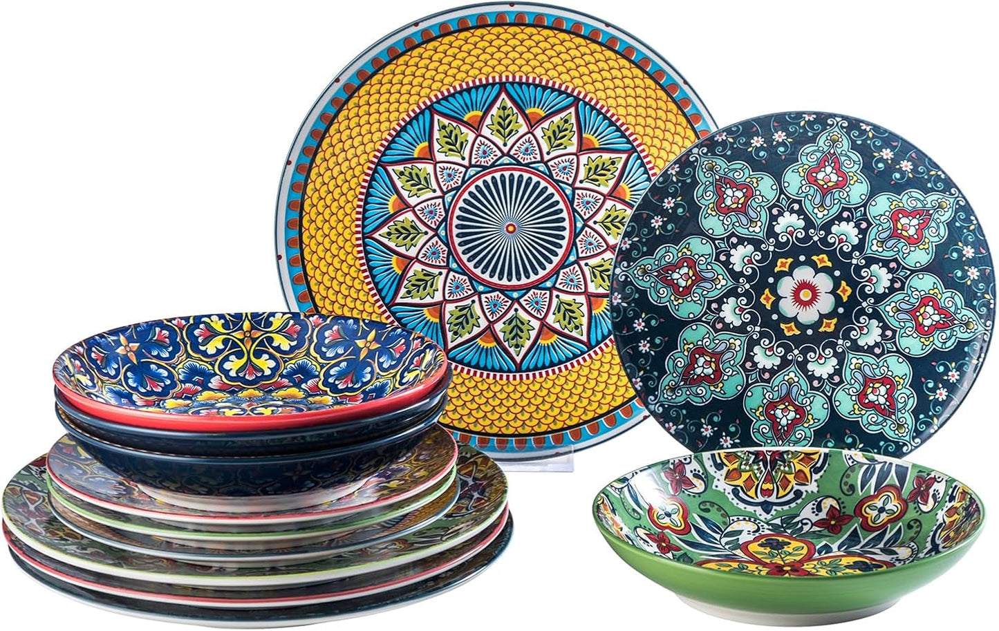 HENXFEN LEAD porseleinen serviesset, 12-delige serviesset voor 4 personen, kleurrijke serviesset voor 4 personen - handbeschilderde borden, dessertborden, soepborden - Boheemse stijl