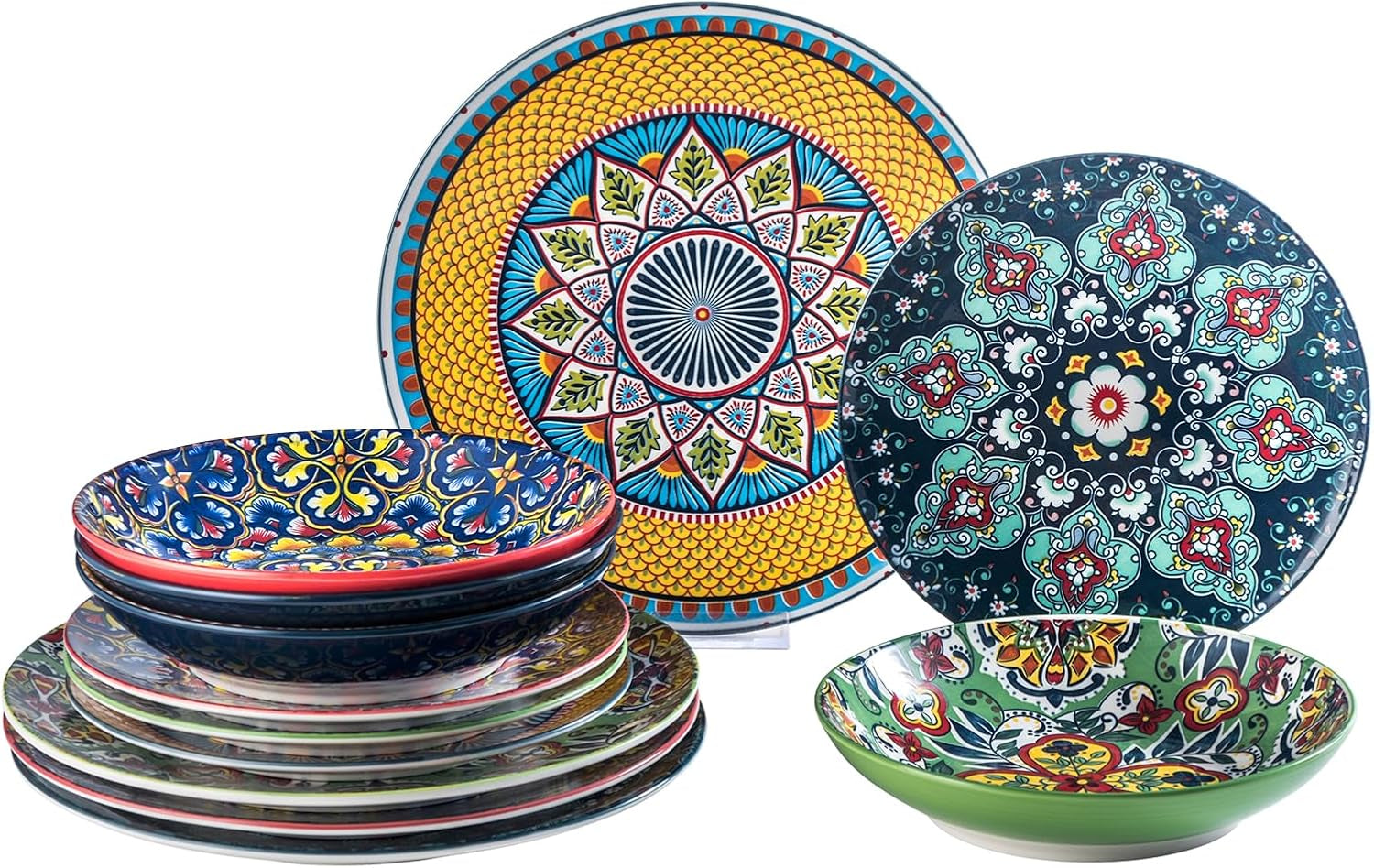 HENXFEN LEAD porseleinen serviesset, 12-delige serviesset voor 4 personen, kleurrijke serviesset voor 4 personen - handbeschilderde borden, dessertborden, soepborden - Boheemse stijl