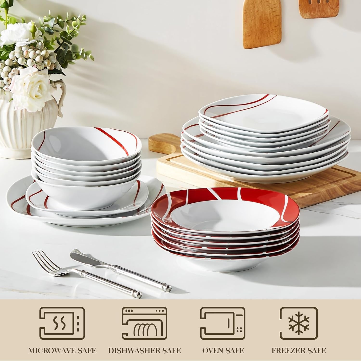MALACASA Serviesset voor 6 personen, Felisa Porseleinen Serviesset 24-delig, Moderne Serviesset met 6 Dinerborden, Dessertborden, Suma Borden en Kommen, Perfect voor Kerstmis en Dagelijks Gebruik