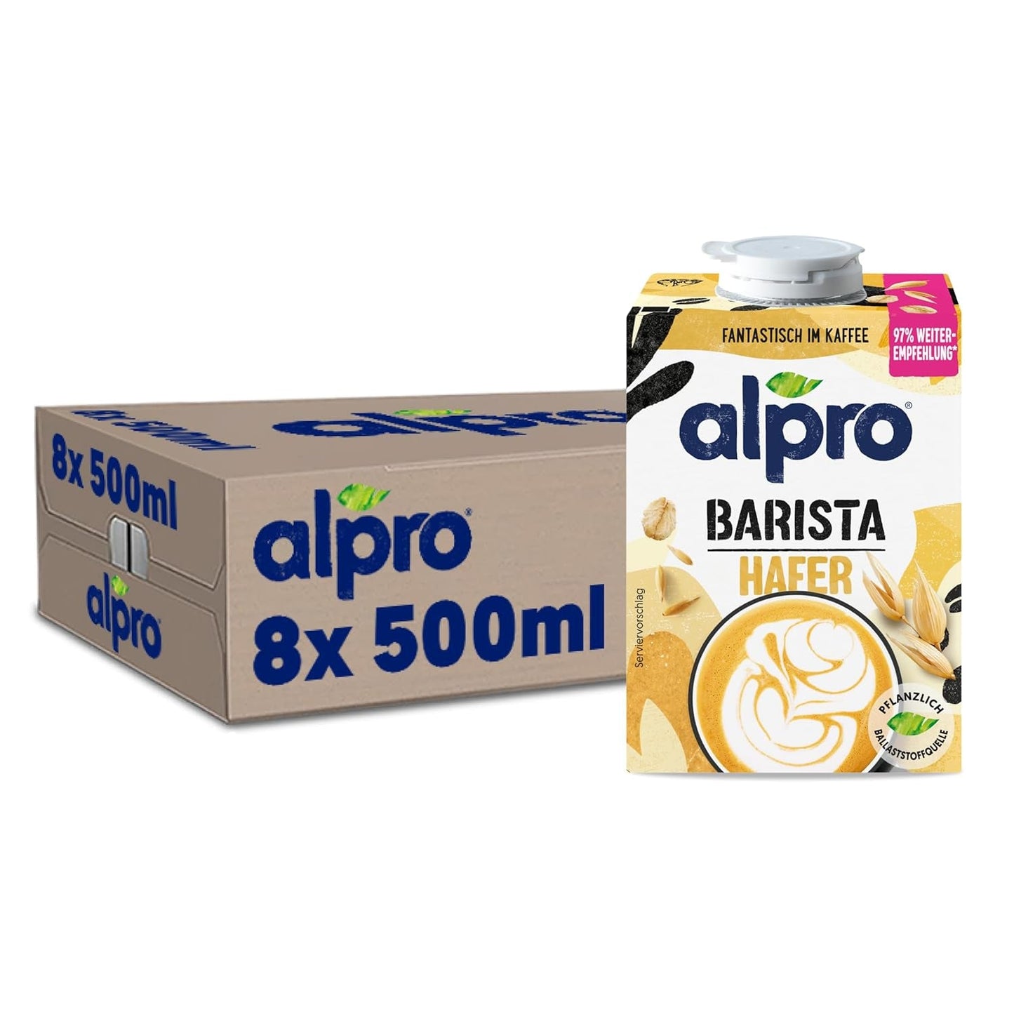 Alpro Barista Haferdrink – Zum Aufschäumen – Vegan en melkvrij – Van Natur aus lactosevrij – Rijk aan ballaststoffen, calcium en vitamines – 8 x 1 L – Haltbar