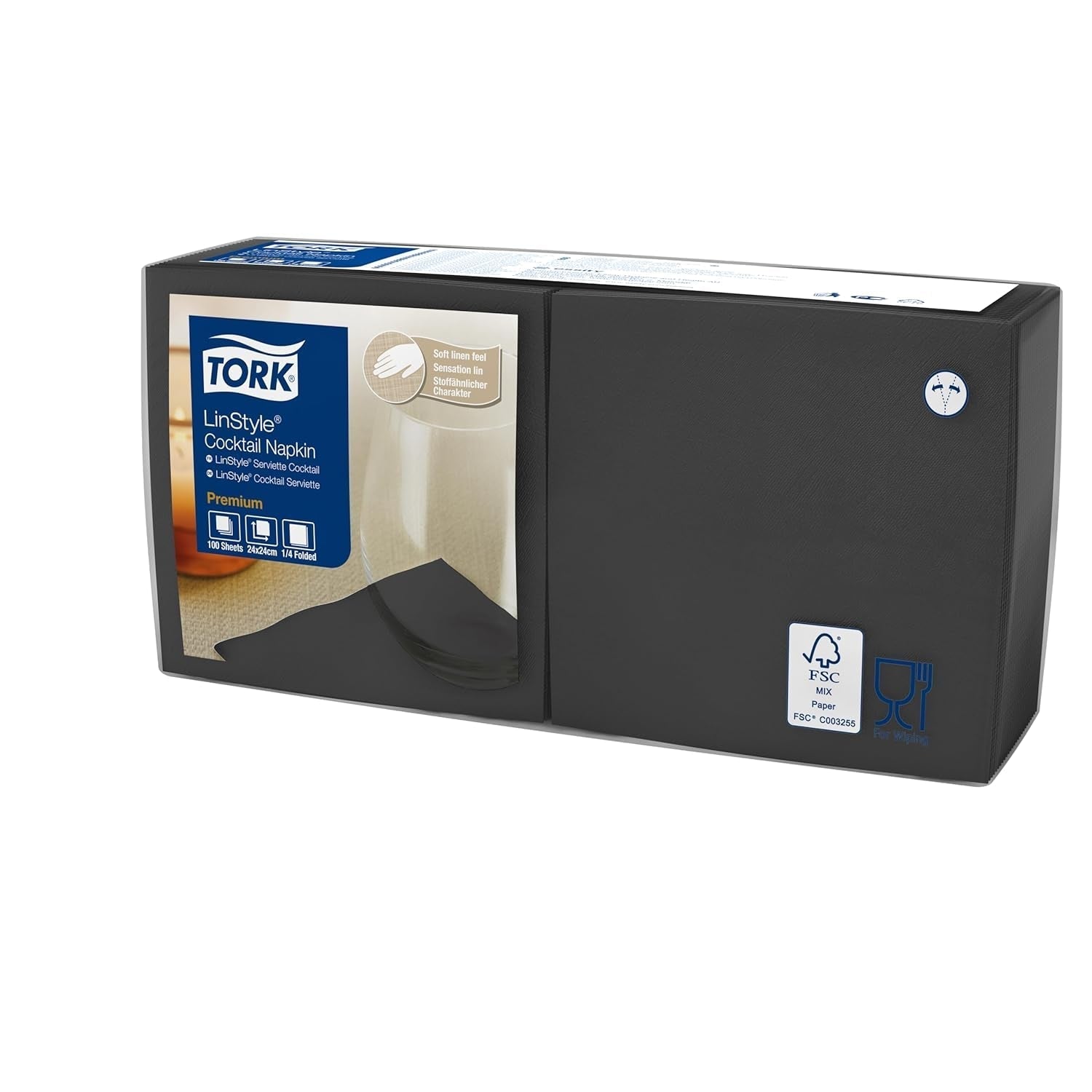 Tork Linstyle 509542 zwarte cocktailservetten, 1/4 vouw, 1-laags, 23,8 x 23,8 cm, 1 x 100 servetten