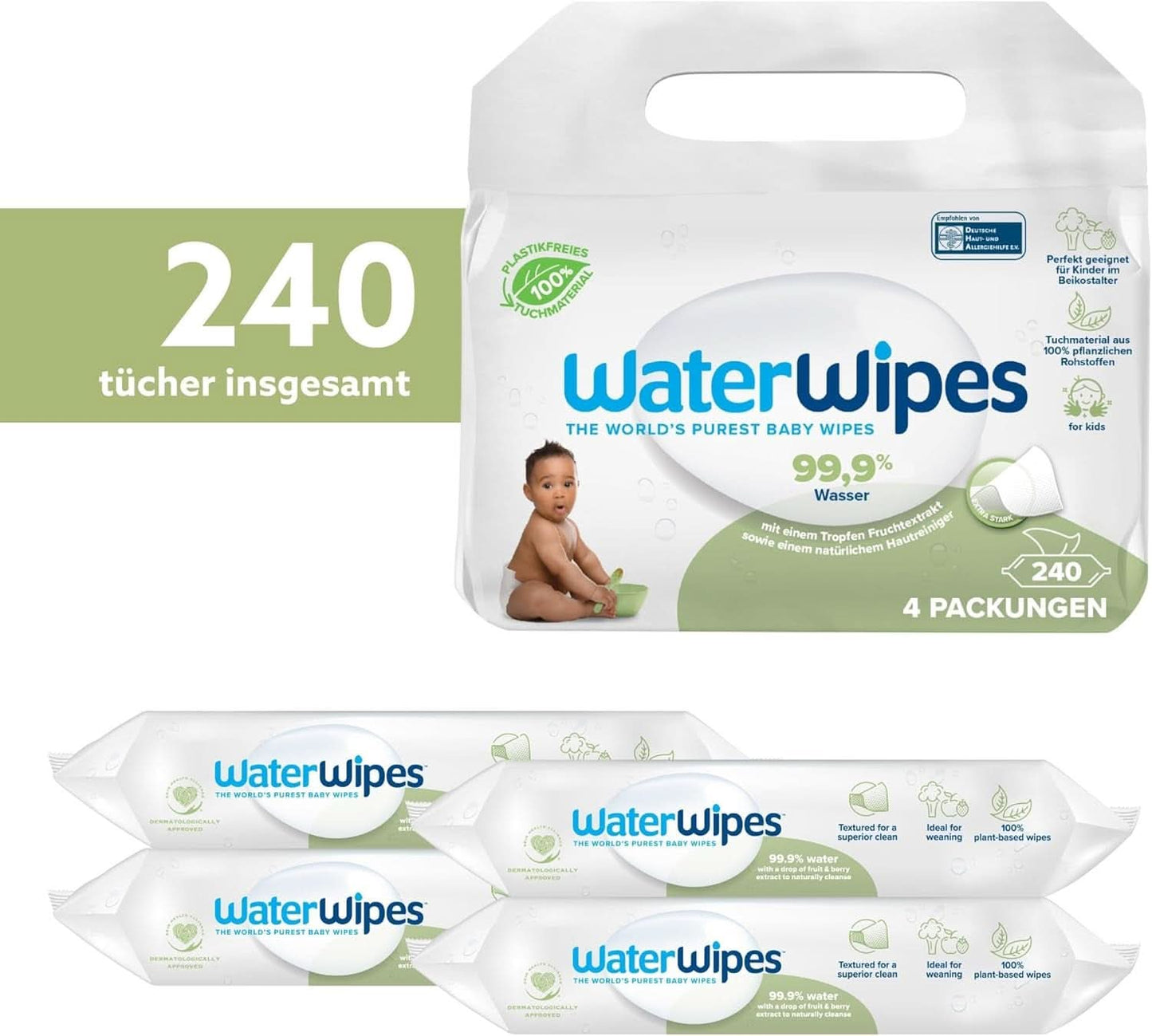 Waterdoekjes Plastikvrij, Texturierte Reinigungstücher Für Kleinkinder & Babies, 240 Stück (4 Packungen), 99,9 % Wasserbasierte Reinigungstücher, Unperfümiert Für Empfindliche Haut Naty Shop