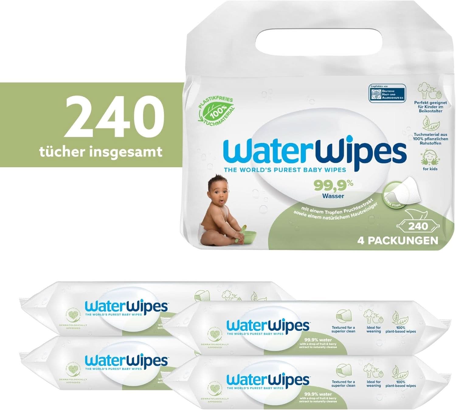 Waterdoekjes Plastikvrij, Texturierte Reinigungstücher Für Kleinkinder & Babies, 240 Stück (4 Packungen), 99,9 % Wasserbasierte Reinigungstücher, Unperfümiert Für Empfindliche Haut Naty Shop