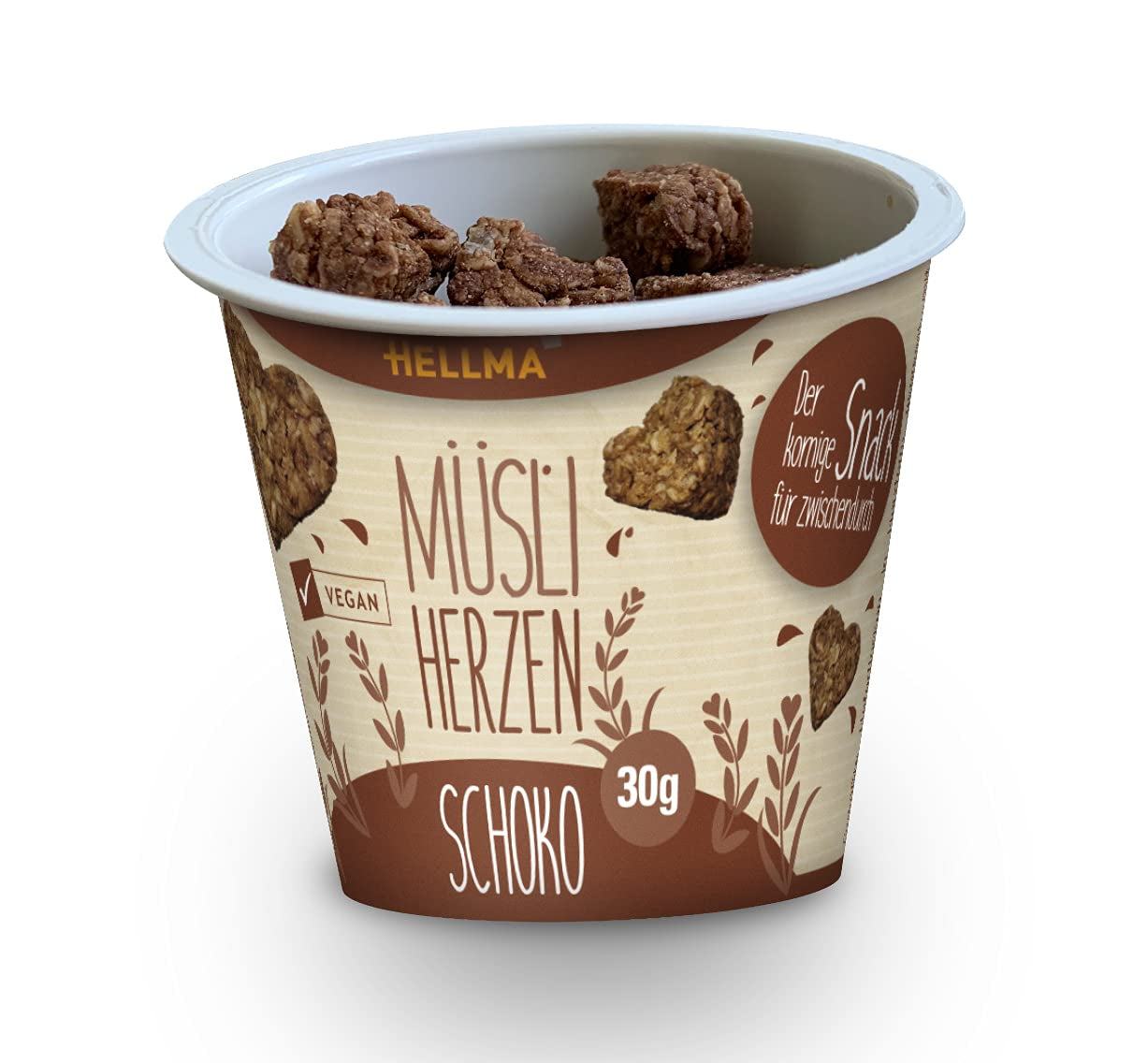 HELLMA Hartjes met Muesli en Chocolade - 18 porties, elk 30 g - Havermout bedekt met chocolade in de vorm van een hart, meeneembekers