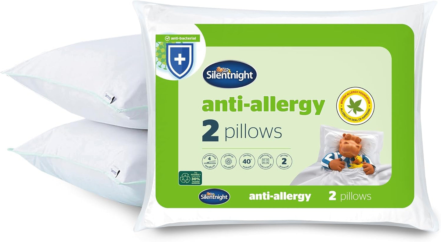 Silentnight anti-allergie zacht kussen, 2 stuks, zacht steunkussen van verenvezels, ideaal voor buik- en buikslapers, hypoallergeen en machinewasbaar, 2 stuks Naty Shop standaardkussens, 2 stuks zachte ondersteuning