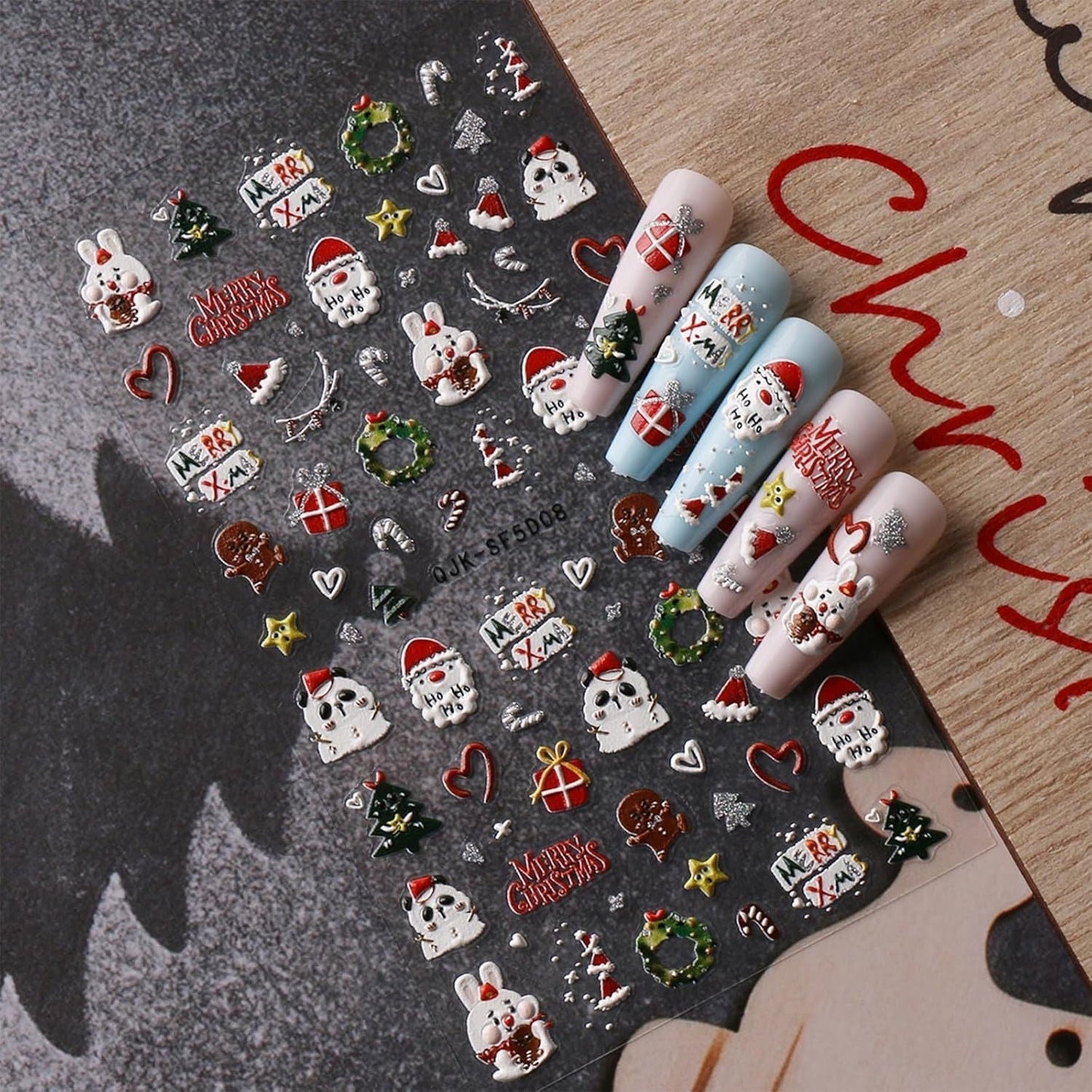 Kerst 3D-nagelstickers 4 vellen 5D-nagelstickers Stereoscopische nagelstickers Decoraties Nageldesignaccessoires
