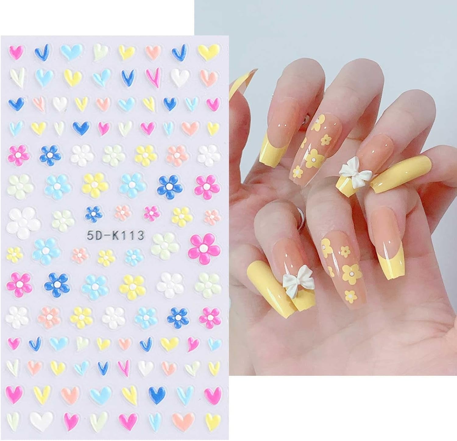 JMEOWIO 3D Nagelsticker Frühling Blumen 5 Blatt Nagelaufkleber 5D Stereoskopisch Selbstklebend Bunte Blüte Nail Art Sticker Decoratie Nageldesign Zubehör