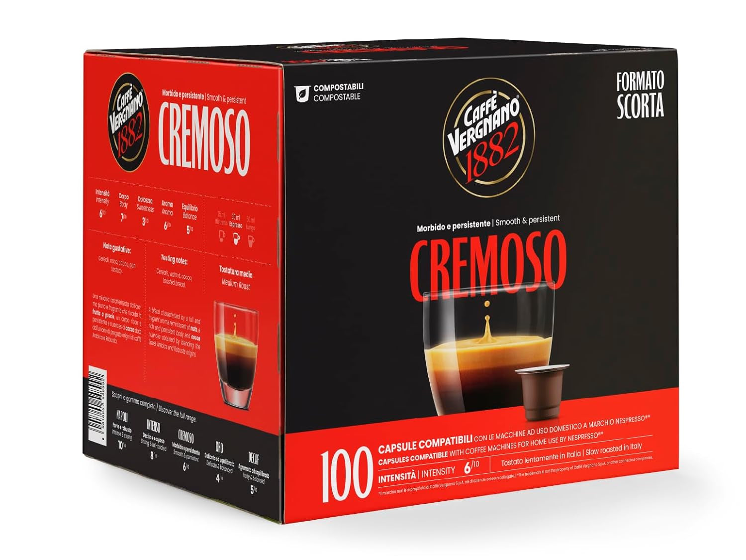 Caffè Vergnano 1882 - Èspresso Composteerbaar Kaffeekapseln, compatibel met Nespresso, Cremoso (romig) - Packung Enthält 100 Kapseln